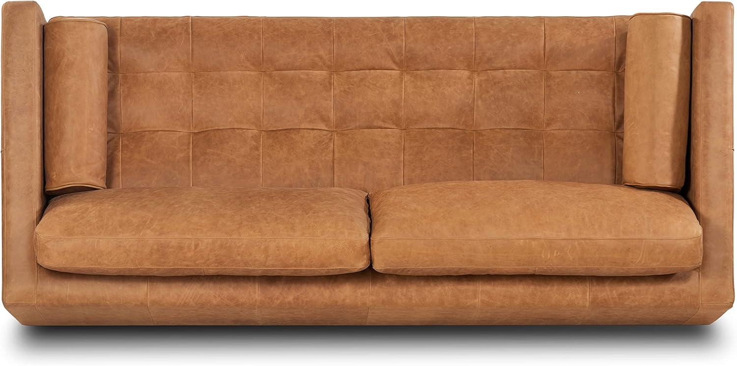 Cognac Tan Leather Tufted Sofa with Solid Wood Legs