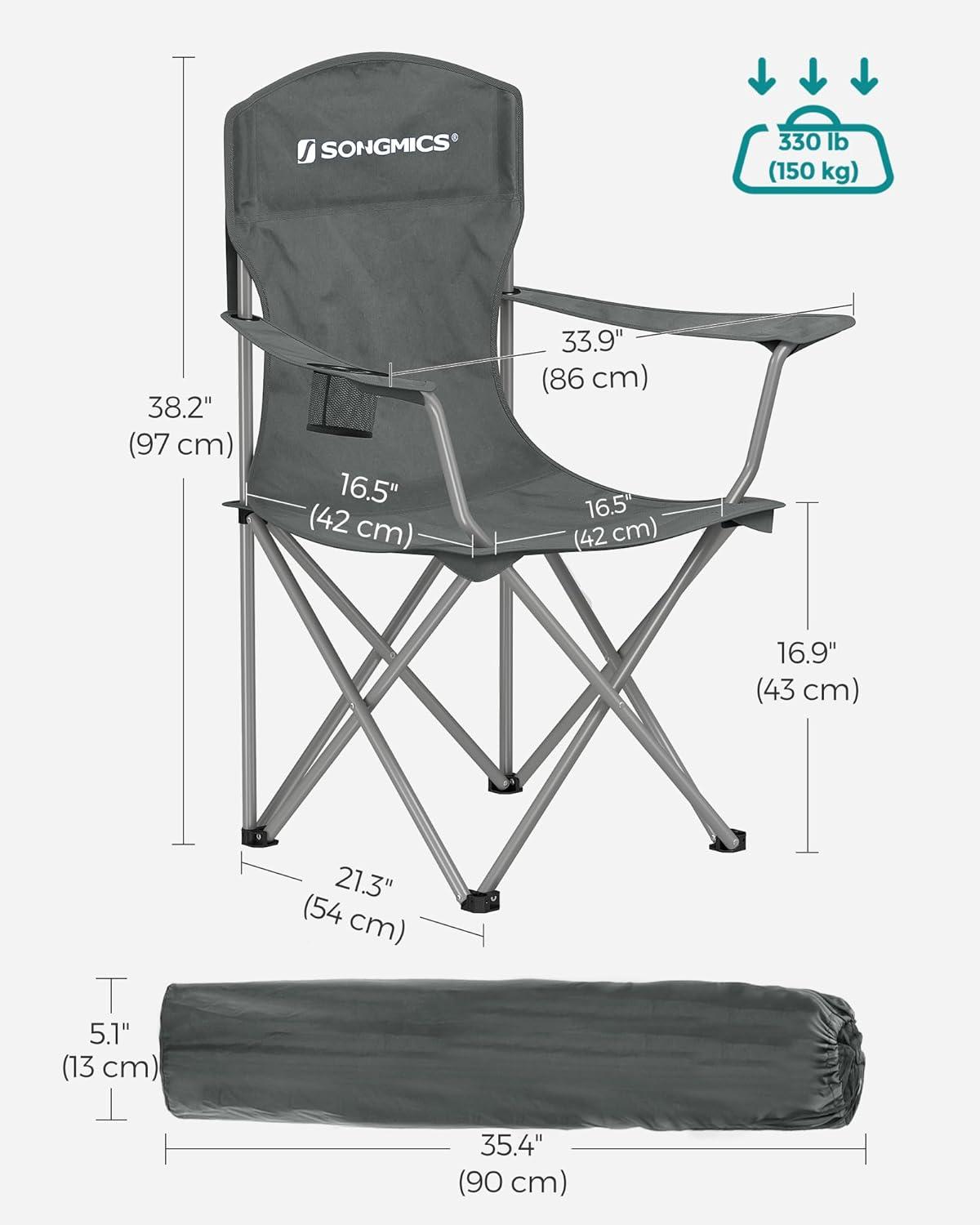 SONGMICS Set of 2 Folding Camping Chairs, Comfortable, Heavy Duty Structure, Max. Load Capacity 330 lb, Outdoor Chair with Cup Holder, for Camping, Garden, Fishing, Terrace