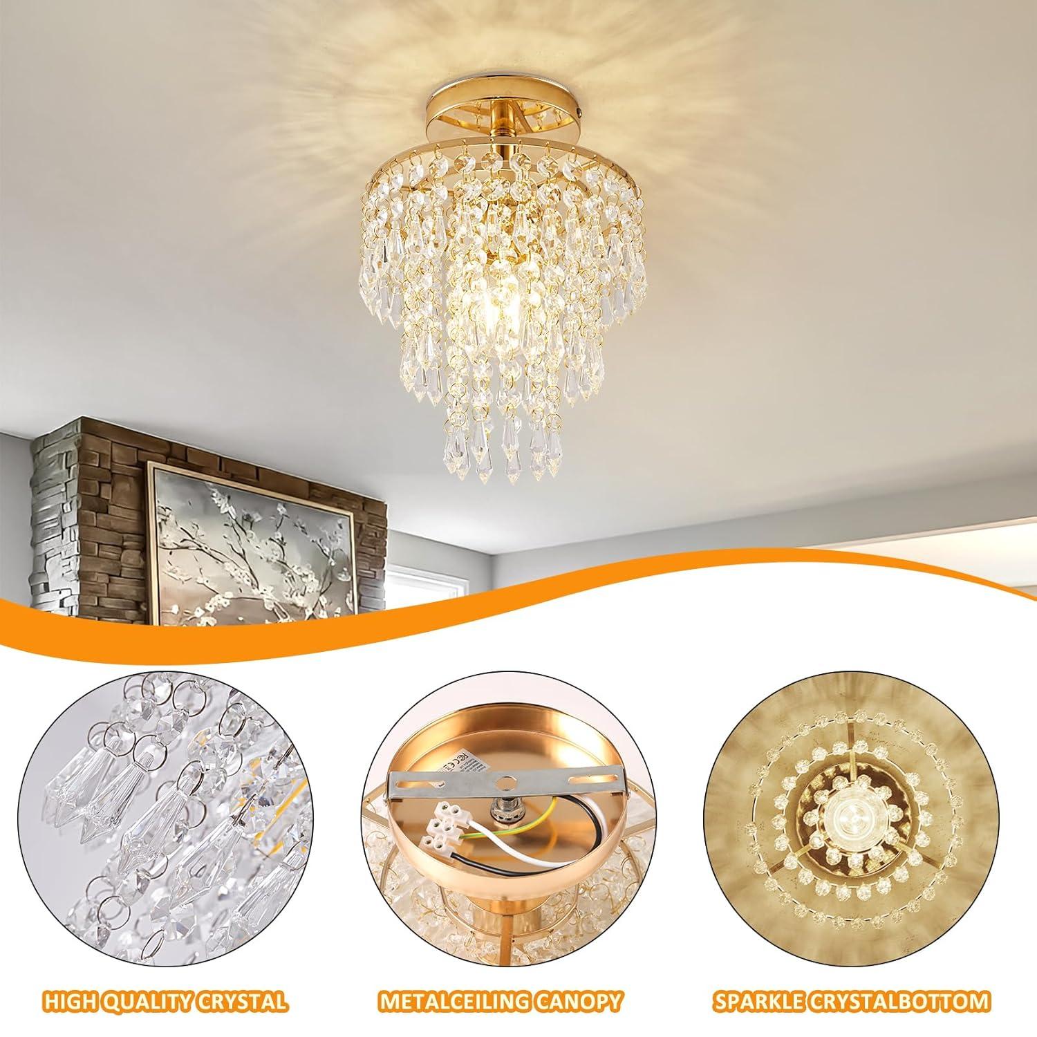 Modern Mini Crystal Chandelier, 3-Tier Raindrops Design Small Chandelier Light Fixture, Flush Mount Ceiling Light Fixture for Bedroom, Hallway, Living Room - E26 Base, Chandelier for Bedroom (Gold)