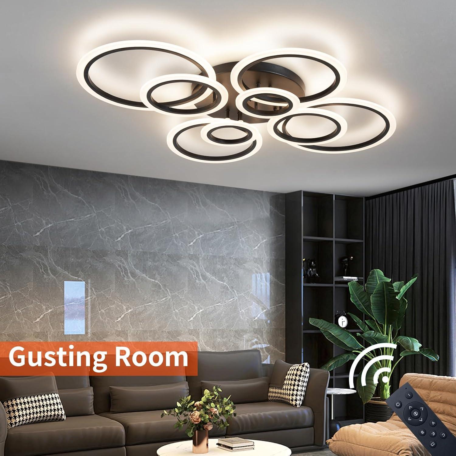Modern Ceiling Light, 41.3'' Dimmable LED Black Flush Mount Ceiling Lights with Remote Acrylic Round Ceiling Lamp Fixture for Low Ceiling Bedroom Living Room Dining Room, 108W