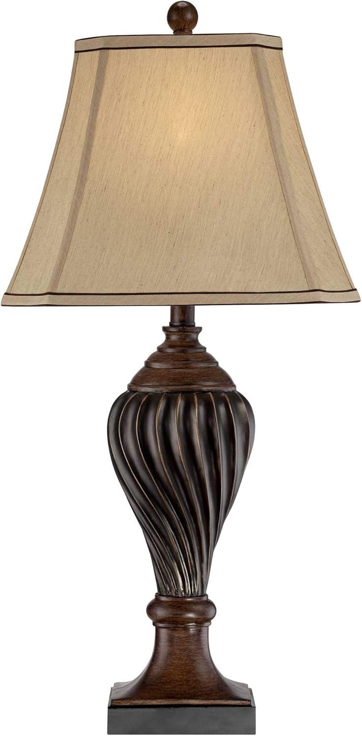 Regency Hill Traditional Table Lamp 28.5" Tall Carved Two Tone Brown Urn Shaped Beige Fabric Shade for Living Room Family Bedroom Bedside