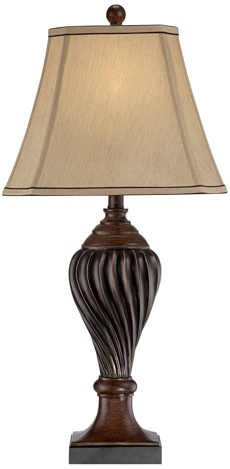 Regency Hill Traditional Table Lamp 28.5" Tall Carved Two Tone Brown Urn Shaped Beige Fabric Shade for Living Room Family Bedroom Bedside