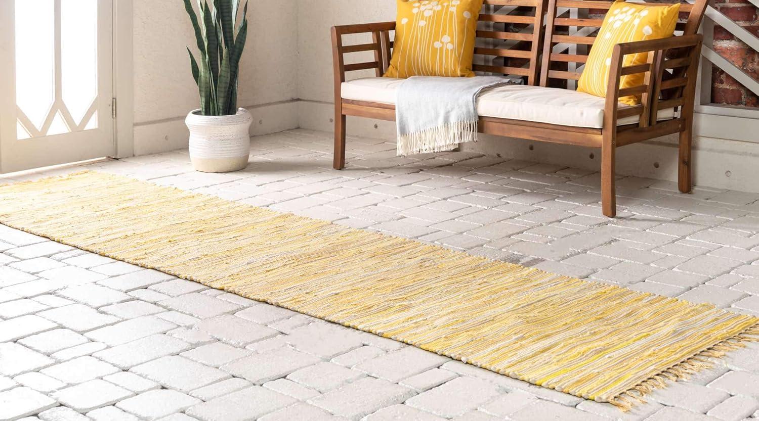 Handmade Yellow Stripe Cotton Indoor Runner Rug, Easy Care