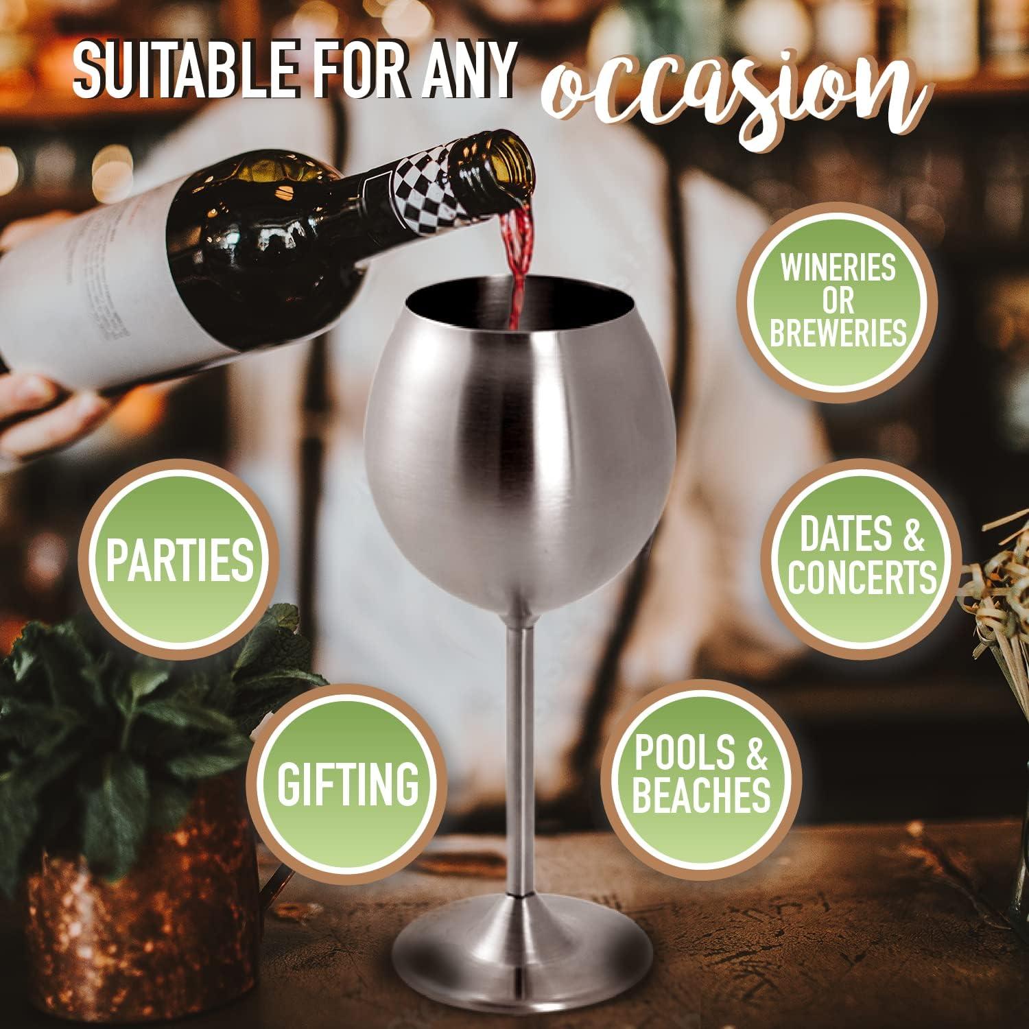 D'Eco Unbreakable 12 Oz Stainless Steel Wine Glasses (8 Pack) Large Stemmed Matte Silver Wine Goblets - Reusable Drinkware - Great Mother's Day Gift