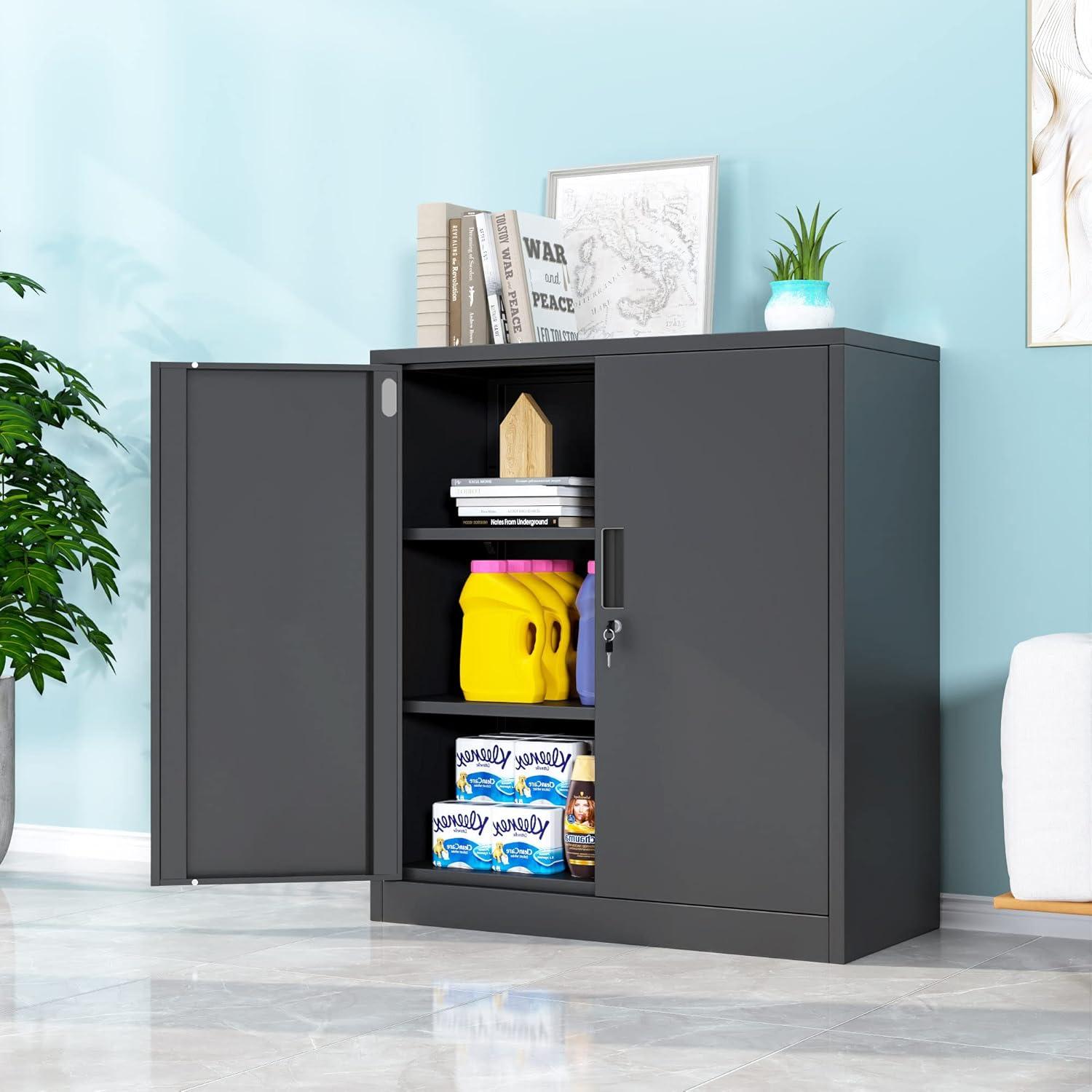 Metal Storage Cabinets with Shelves and Doors, Steel Locking Storage Cabinet for Home Office, Garage, Utility Room and Basement, 36.2" H x 31.5" W x 15.7" D (Black)