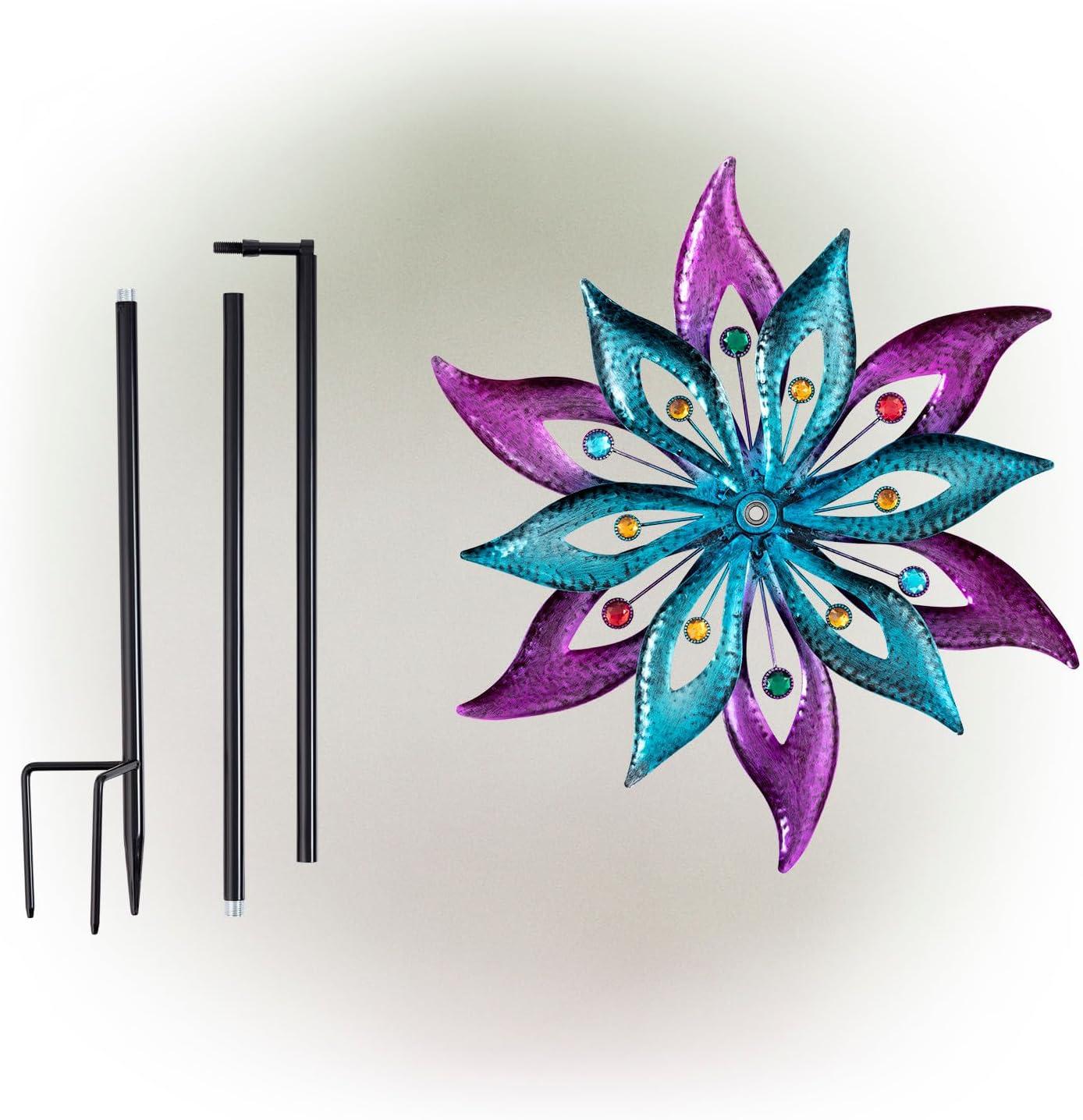 Purple and Aqua Floral Metal Wind Spinner Stake, 64"