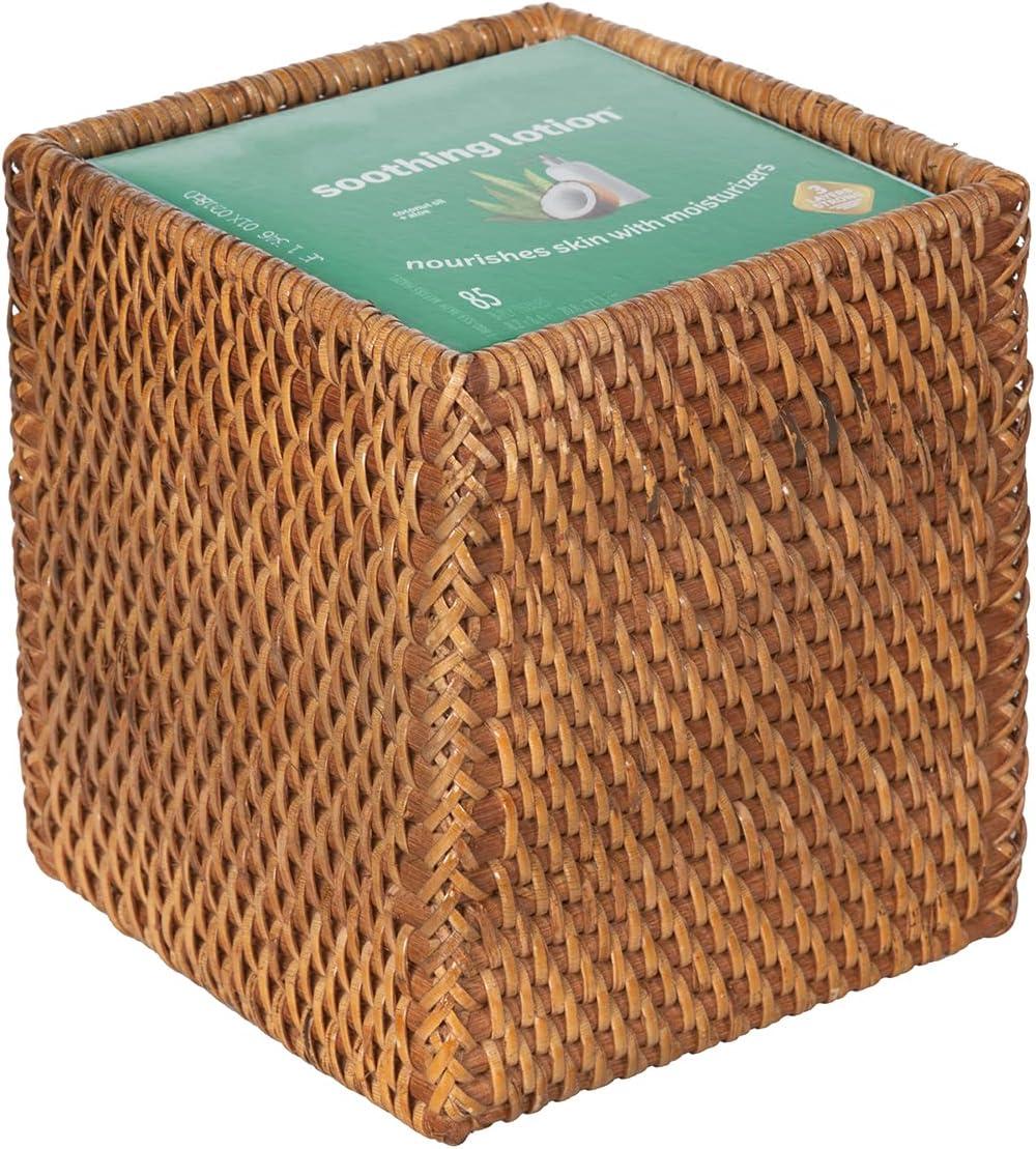 Kouboo Loma Square Rattan Tissue Box Cover, Square Hand Woven Tissue Holder, Decorative Facial Napkin Holder, Honey Brown