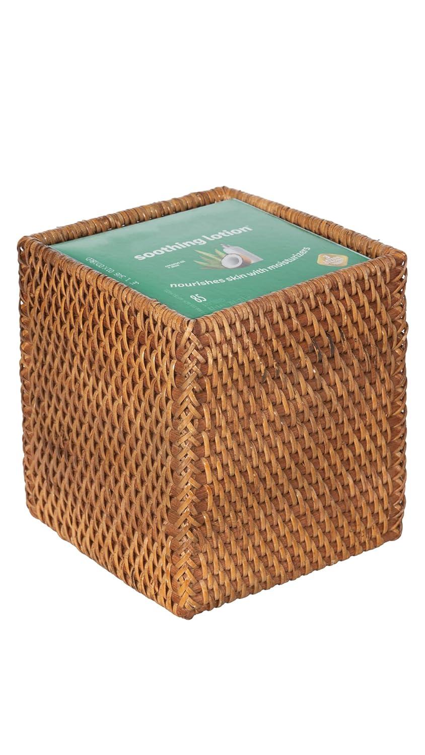 Kouboo Loma Square Rattan Tissue Box Cover, Square Hand Woven Tissue Holder, Decorative Facial Napkin Holder, Honey Brown