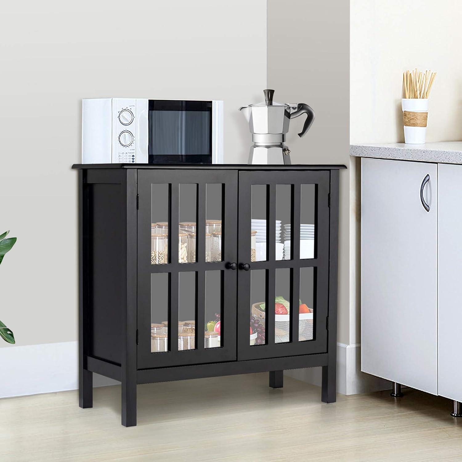 Tangkula Sideboard Buffet Storage Cabinet, with 2 Glass Doors, Liquor Curio Cabinet for Home Kitchen Dining Room, Cupboard Console Table (Black)