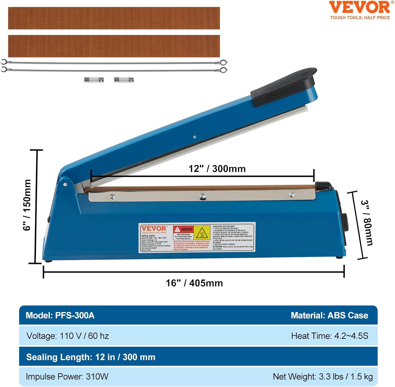 Impulse Sealer 12 inch, Manual Heat Seal Machine with Adjustable Heating Mode, ABS Shrink Wrap Bag Sealers for Plastic Mylar PE PP Bags, Portable Poly Bag Sealing Machine with Extra Replace Kit