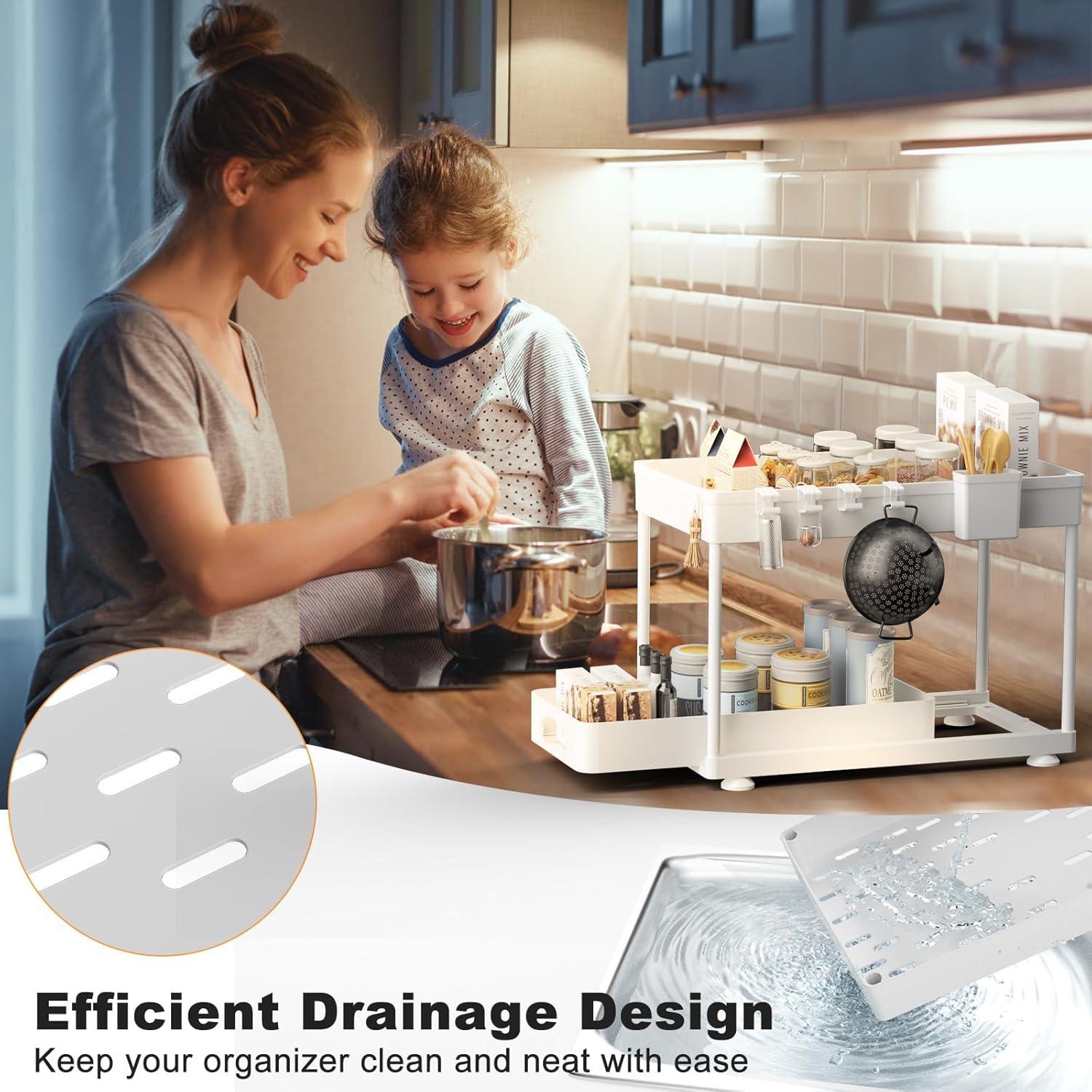 Delamu 2 Pack Under Sink Organizer and Storage, 2 Tier Pull Out Cabinet Organizer, Slide Out Under Sink Storage Shelf for Kitchen Bathroom, White