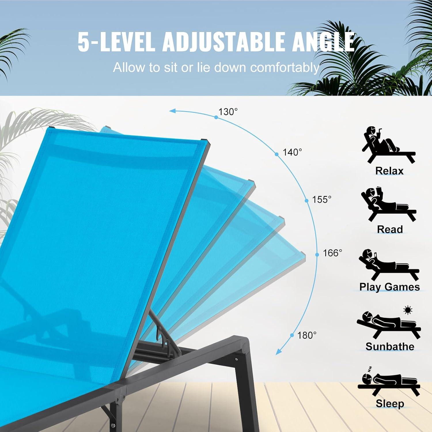 VEVOR Chaise Lounge Chair Outdoor, Aluminum Patio Lounge Chair with Adjustable 5-Position, Folding Pool Lounge Chair