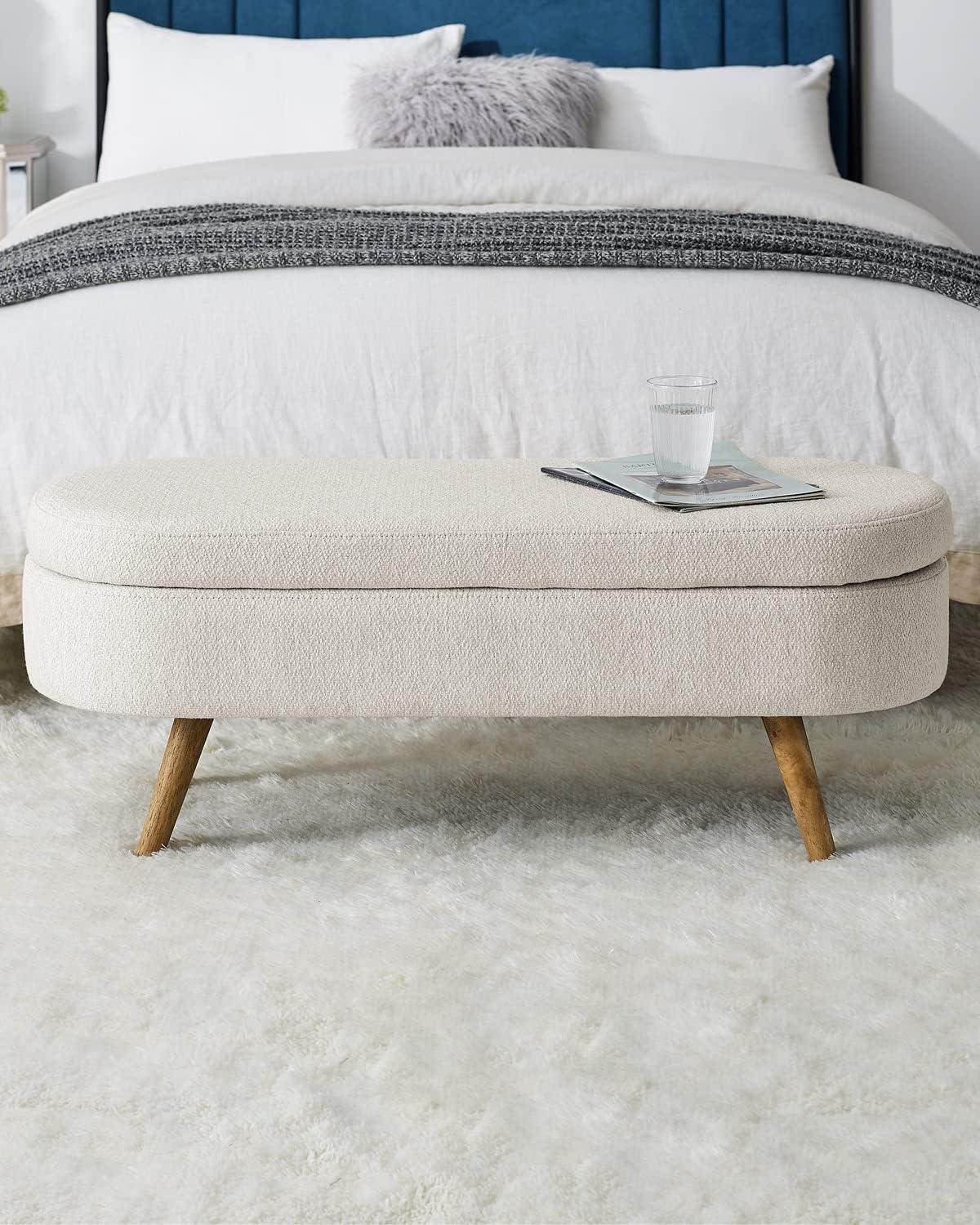 Sumdeal 43.5" Storage Ottoman Bench with 250lb Seating, Linen Upholstered Wood Legs Safety Hinge Flip Top Oval Foot Rest Long Stool for Sofa Couch Bedroom End of Bed Living Room Entryway, Grey