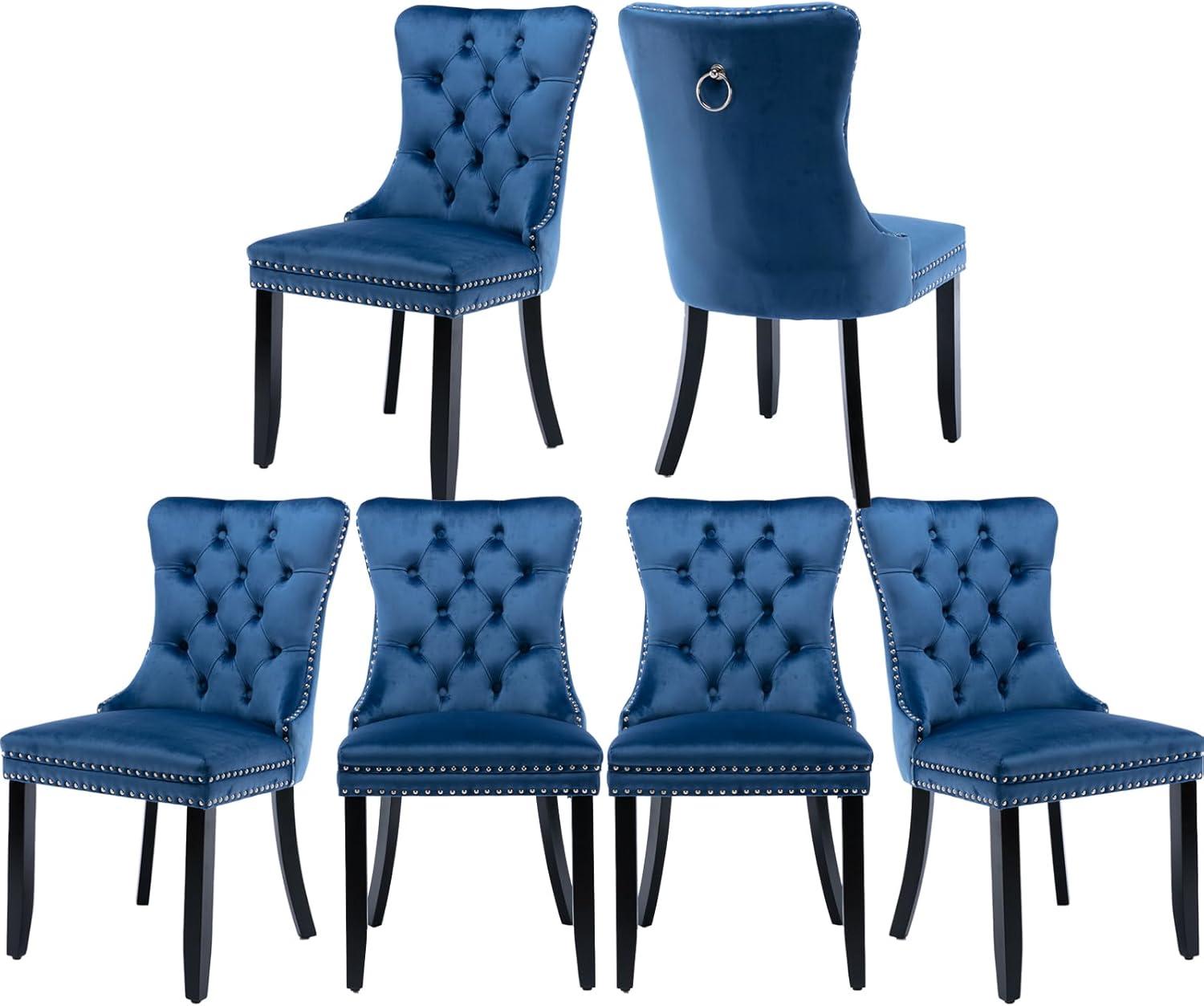 Tzicr Tufted Dining Chairs Set of 6, Upholstered Dining Chairs with Nailhead Back, Nailhead Trim, Velvet Dining Chairs for Kitchen/Bedroom/Dining Room(Blue)