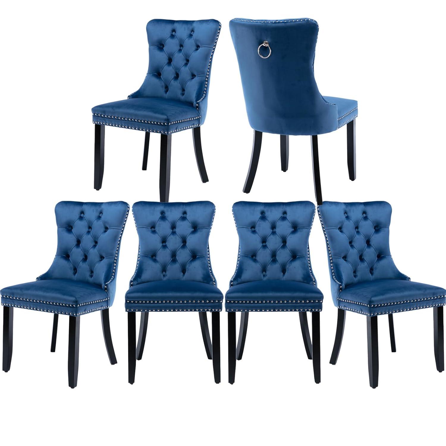 Tzicr Tufted Dining Chairs Set of 6, Upholstered Dining Chairs with Nailhead Back, Nailhead Trim, Velvet Dining Chairs for Kitchen/Bedroom/Dining Room(Blue)