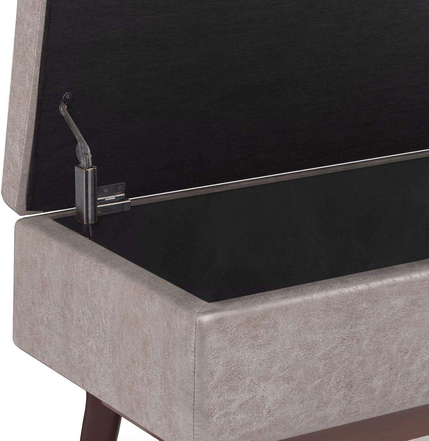 Simpli Home Owen 36 inch Wide Mid Century Modern Rectangle Small Rectangular Storage Ottoman in Distressed Grey Taupe Faux Air Leather