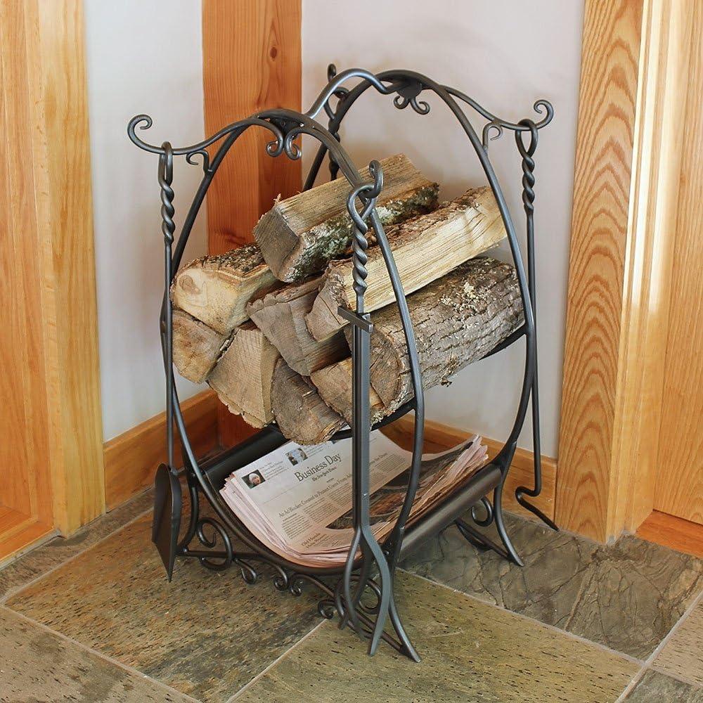 Graphite Wrought Iron Fireplace Tool Set with Wood Holder