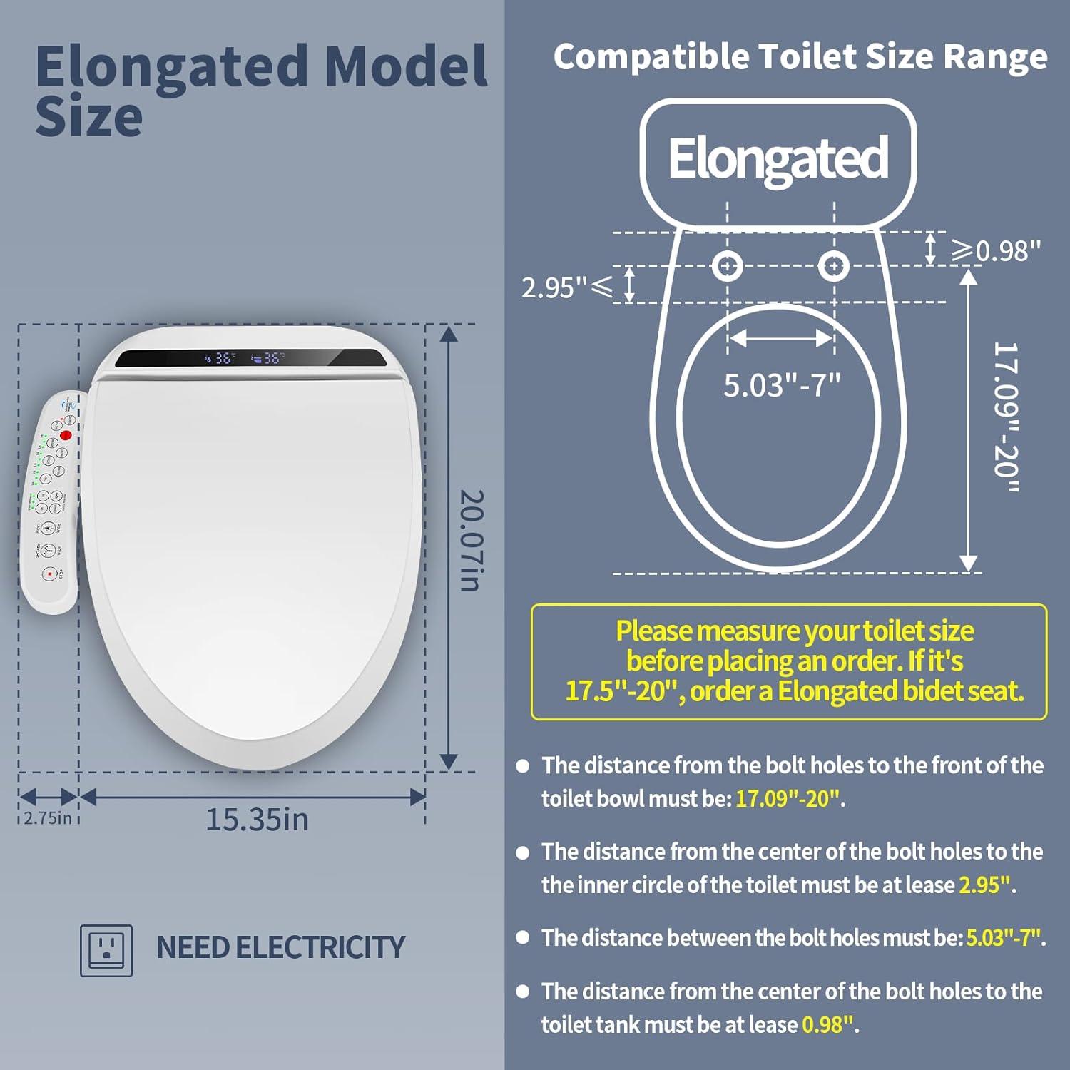 White Electric Heated Elongated Bidet Toilet Seat with Night Light