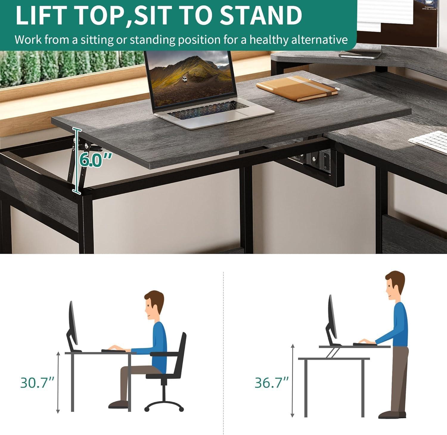 L Shaped Computer Desk with File Drawer, 65" L Shaped Desk with Monitor Stand, Height Adjustable Standing Desk , Gray