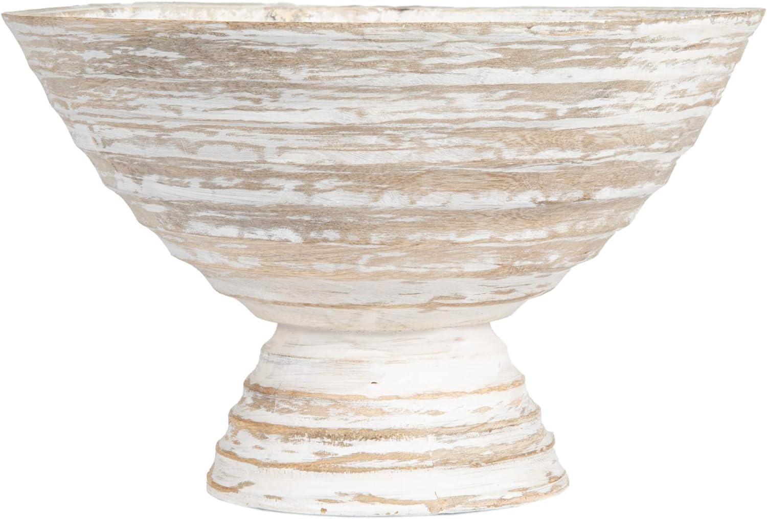 Creative Co-Op Boho Wood Pedestal Serving, White Wash Finish Bowl