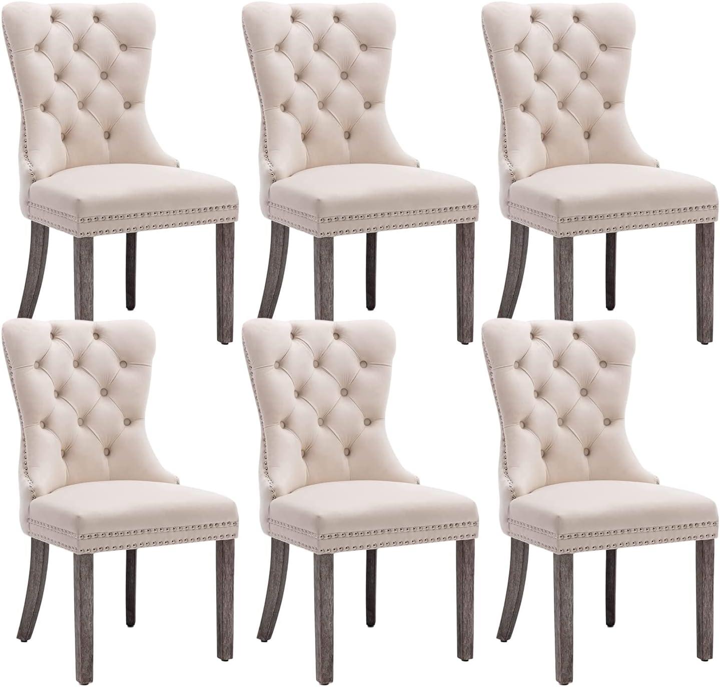 Tzicr Tufted Dining Chairs Set of 6, Upholstered Dining Chairs with Nailhead Back, Nailhead Trim, Velvet Dining Chairs for Kitchen/Bedroom/Dining Room(Beige)