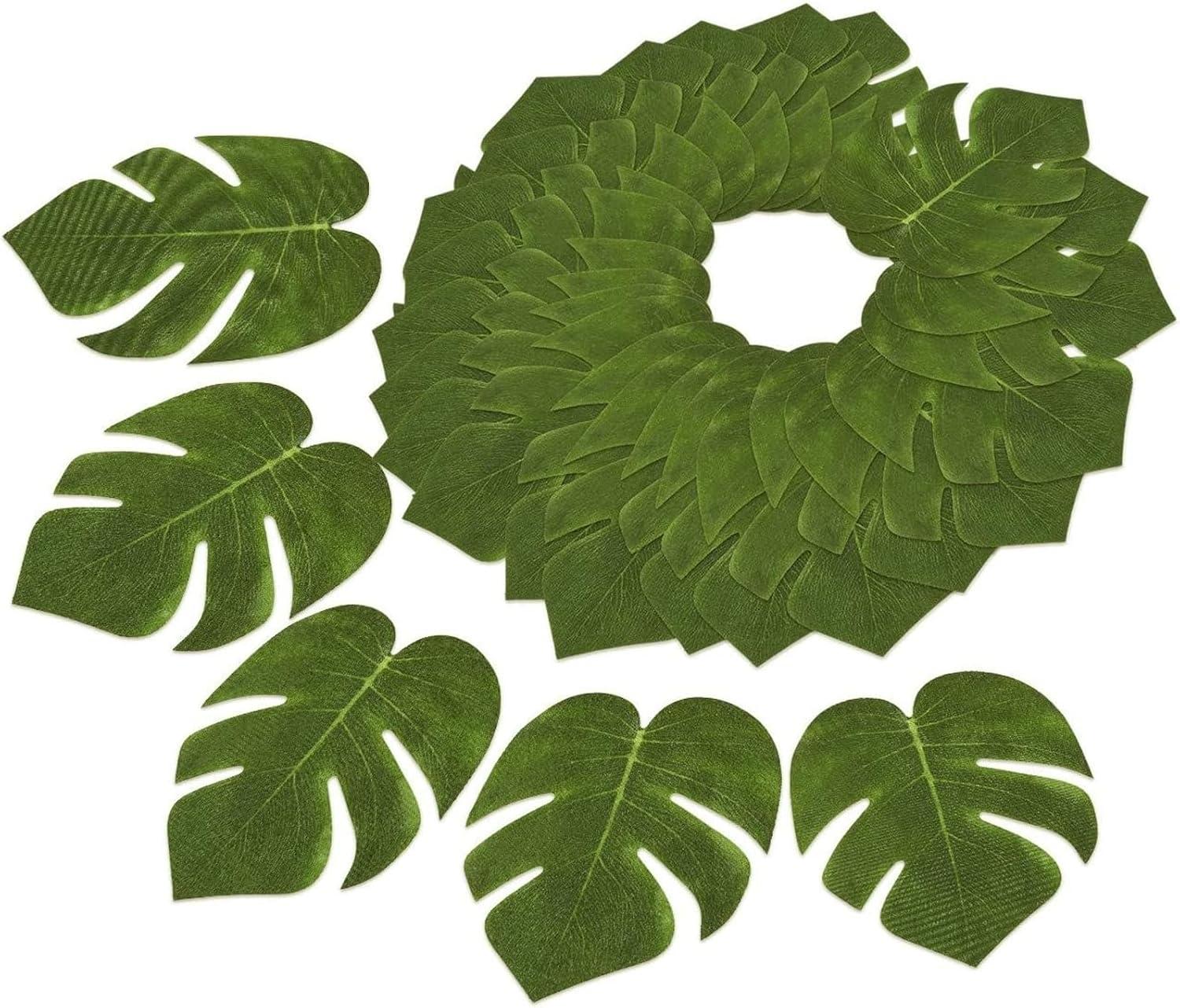 Blue Panda 60 Pieces Artificial Palm Leaves - 8 Inches Tropical Monstera Leaf for Luau Hawaiian Birthday Party Decorations, Safari Jungle Baby Shower