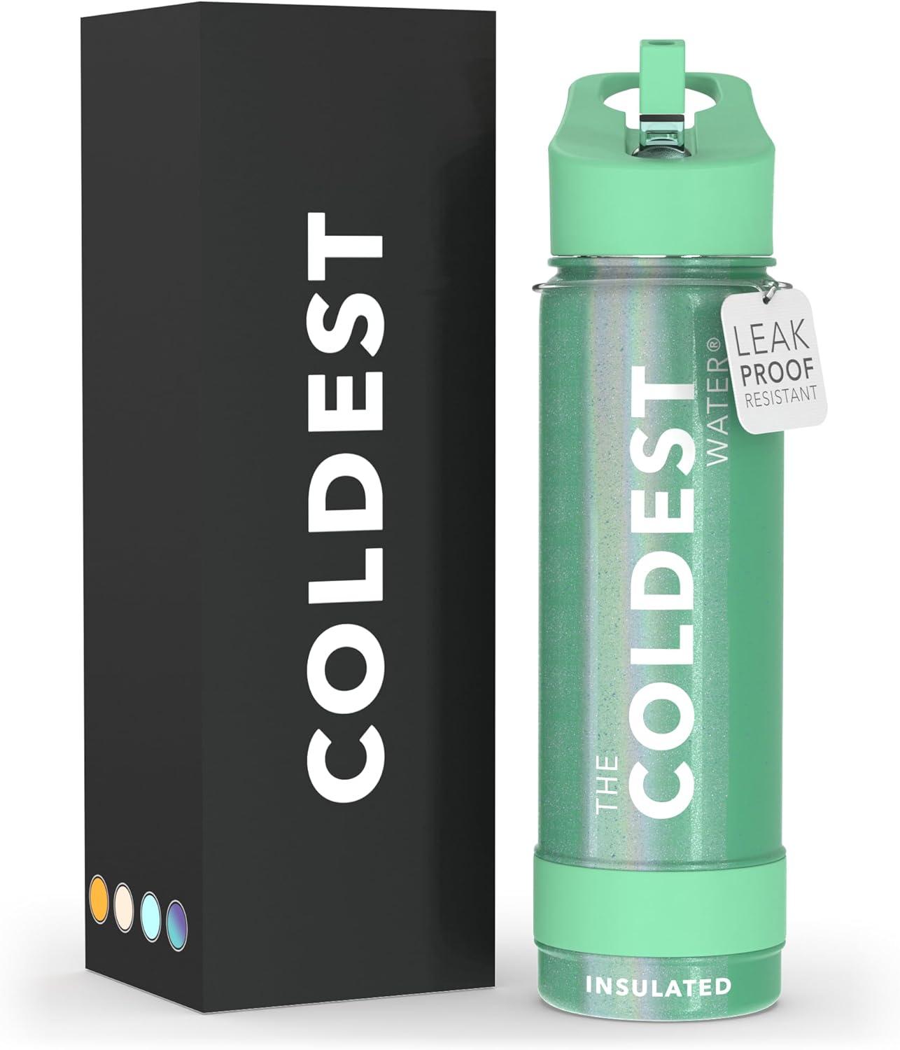Coldest Sports Water Bottle with Straw Lid Vacuum Insulated Stainless Steel Bottles Reusable Leak Proof Flask for Sports (24 oz, Green Aurora Glitter)