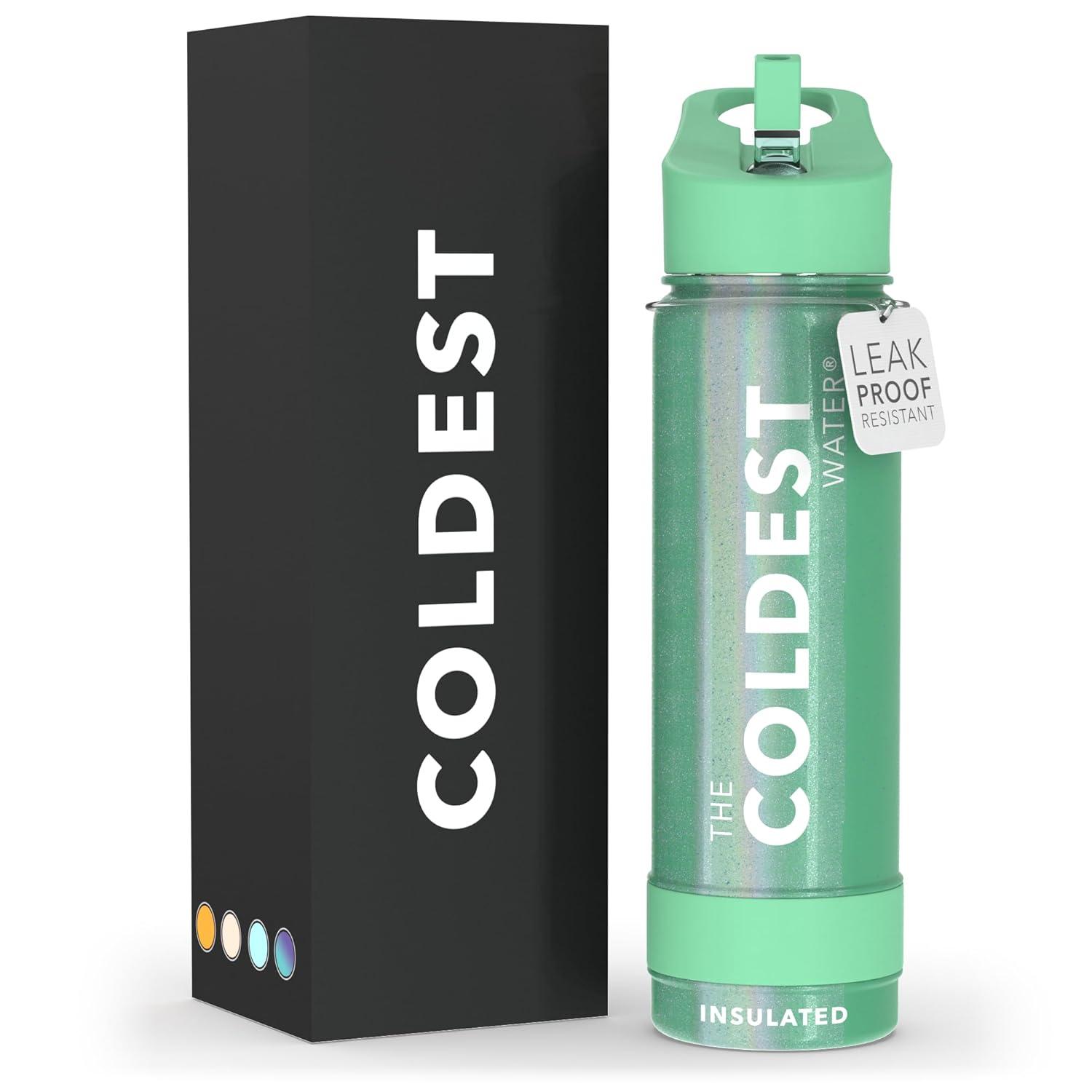 Coldest Sports Water Bottle with Straw Lid Vacuum Insulated Stainless Steel Bottles Reusable Leak Proof Flask for Sports (24 oz, Green Aurora Glitter)