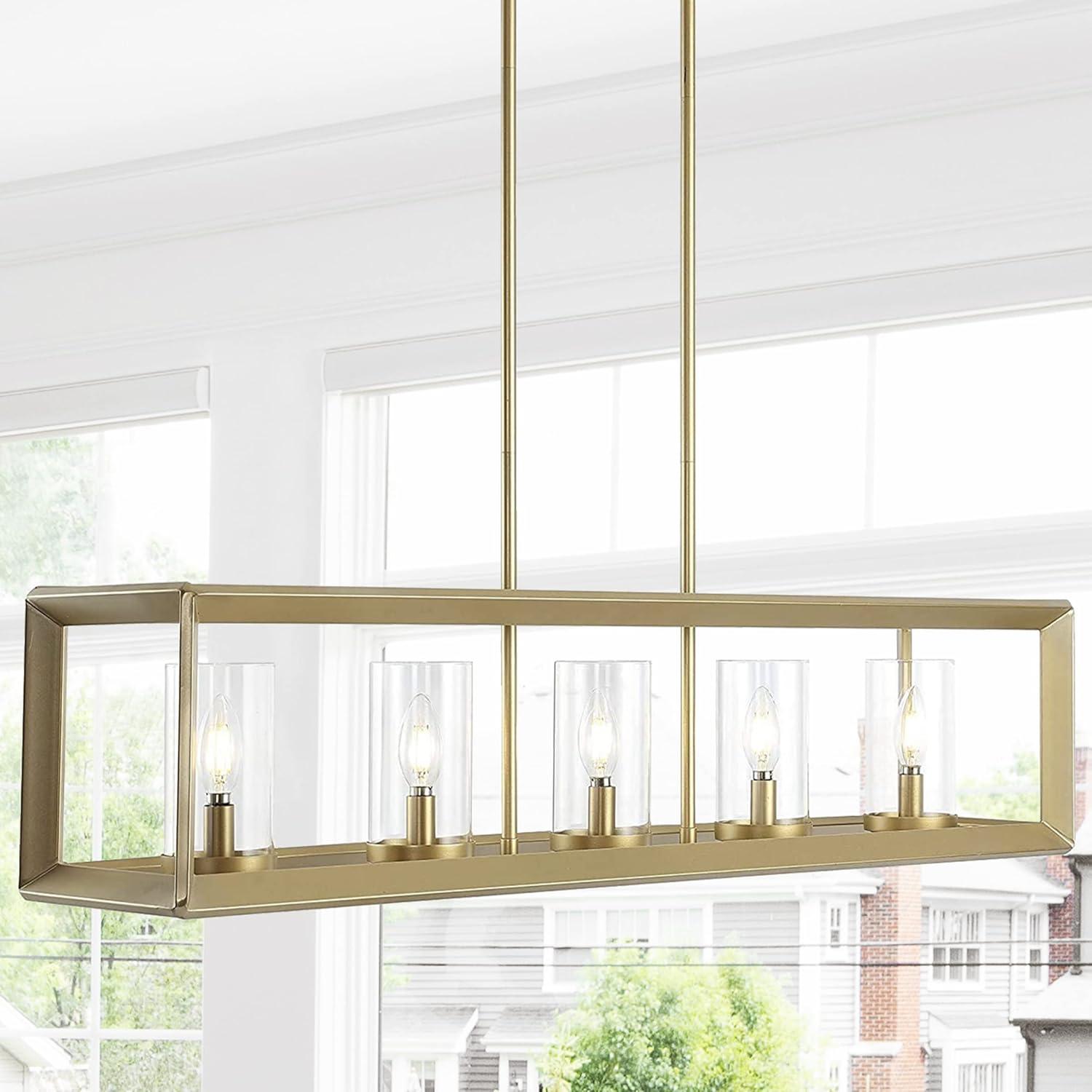 Anna 38.5" Linear 5-light Metal/Glass LED Pendant, Brass Gold