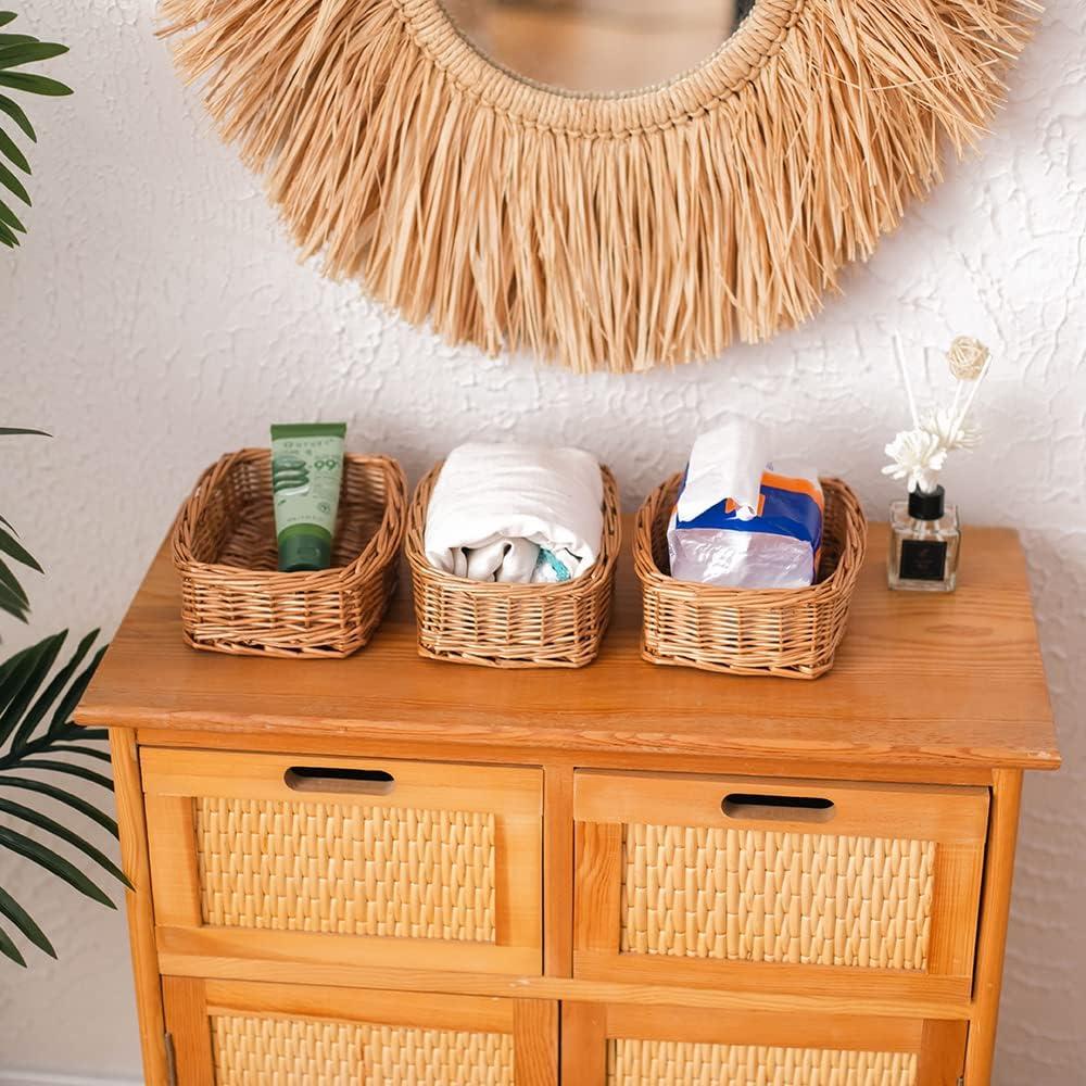 Natural Wicker Rectangular Storage Baskets with Wood Handles, Set of 3