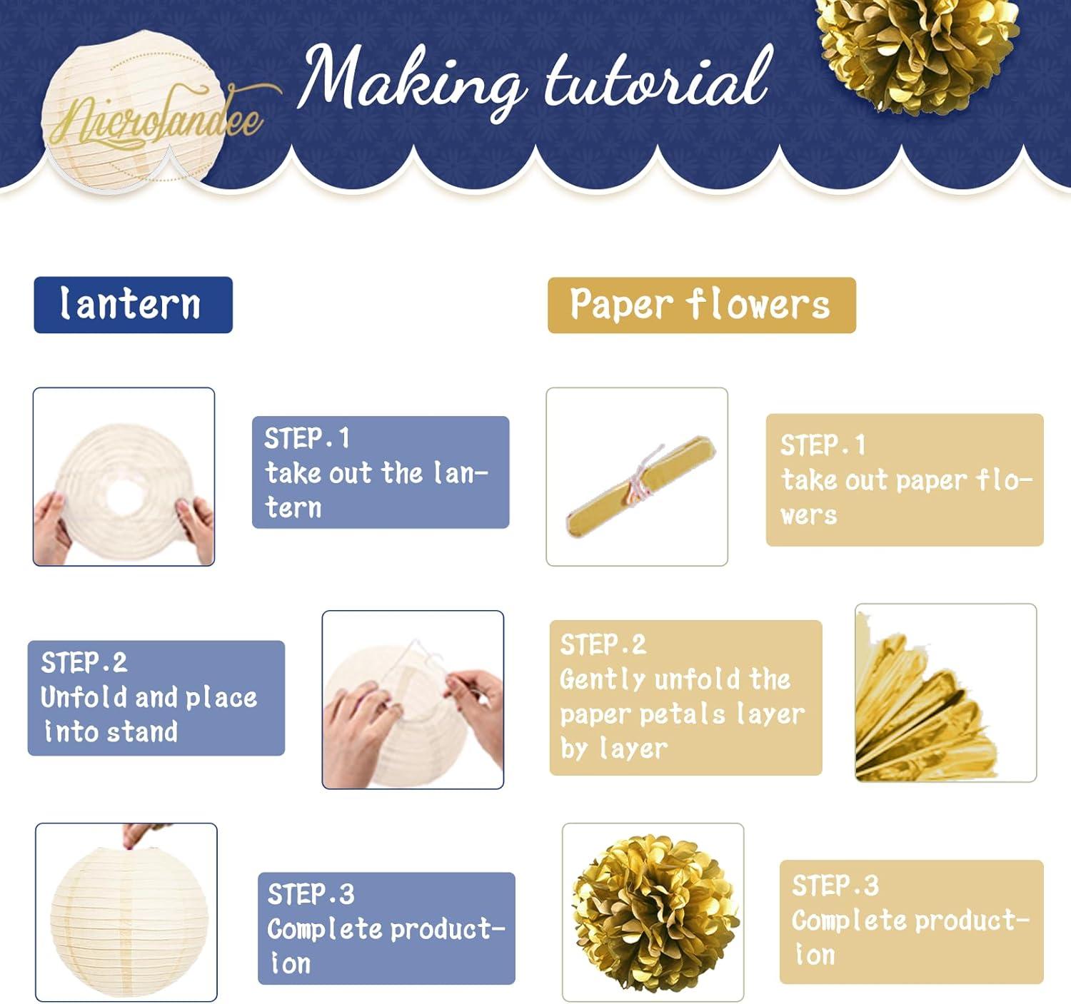 AIM & GGKK Paper Pom Poms Gold Gradient Navy Blue and White Tissue Hanging Paper Pom Poms,Flower Ball Wedding Birthday Party Decoration(12pcs)