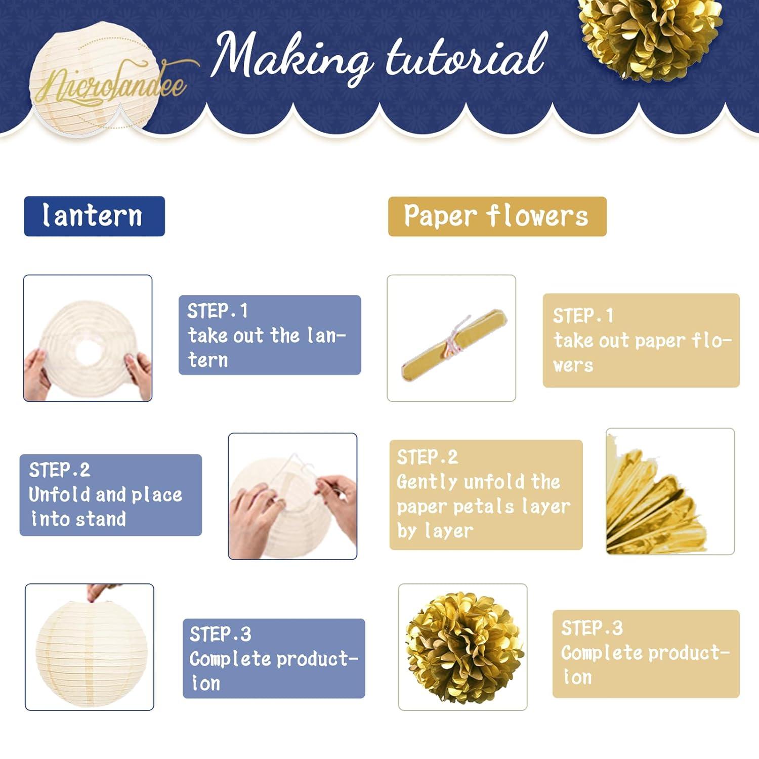 AIM & GGKK Paper Pom Poms Gold Gradient Navy Blue and White Tissue Hanging Paper Pom Poms,Flower Ball Wedding Birthday Party Decoration(12pcs)