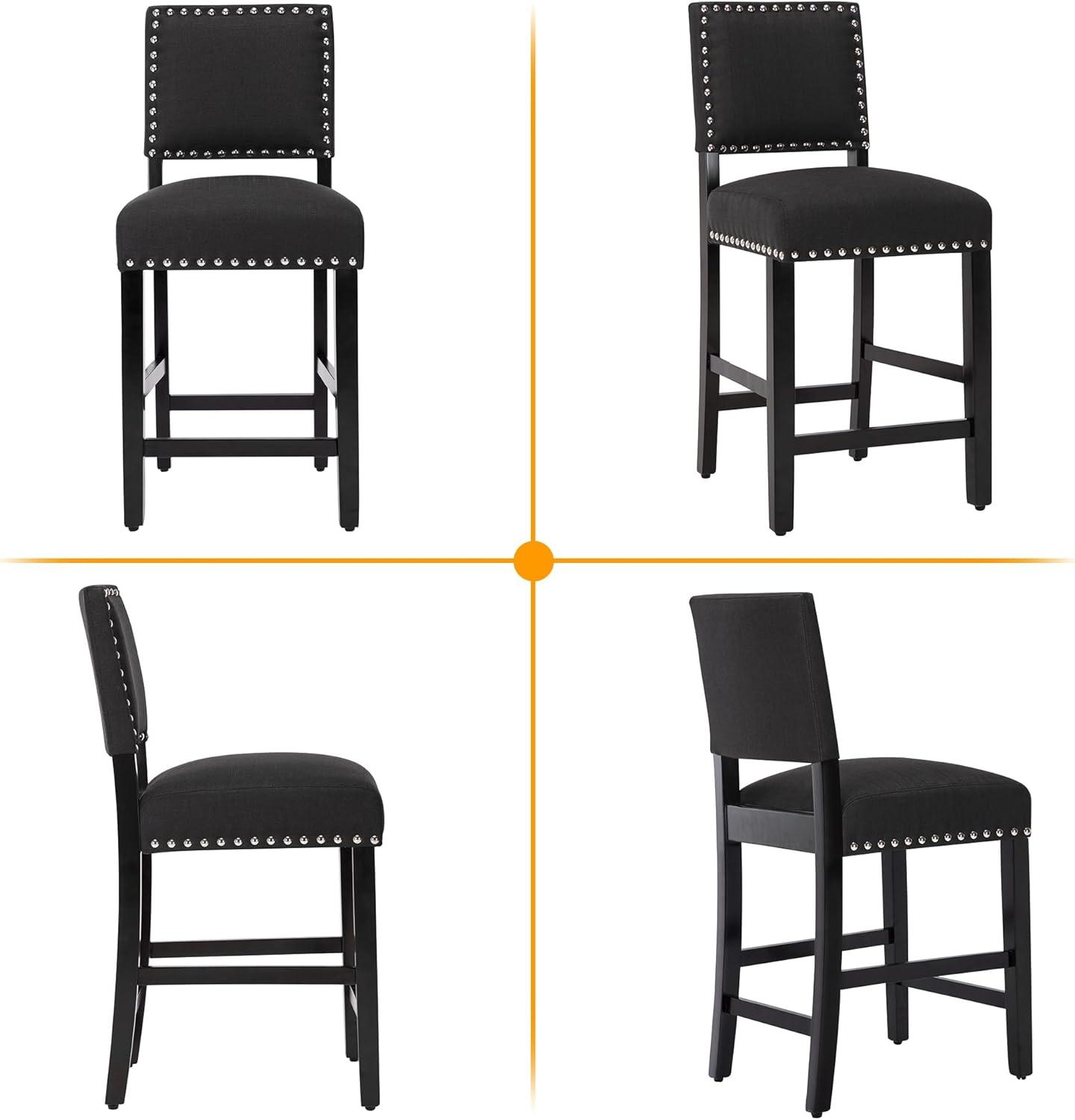 LSSBOUGHT Counter Height Barstools Linen Fabric Upholstered Counter Stool with Rubber Wood Legs Nailed Trim Bar Chair for Kitchen Island (Black, 2Pcs 24" Seat Height)