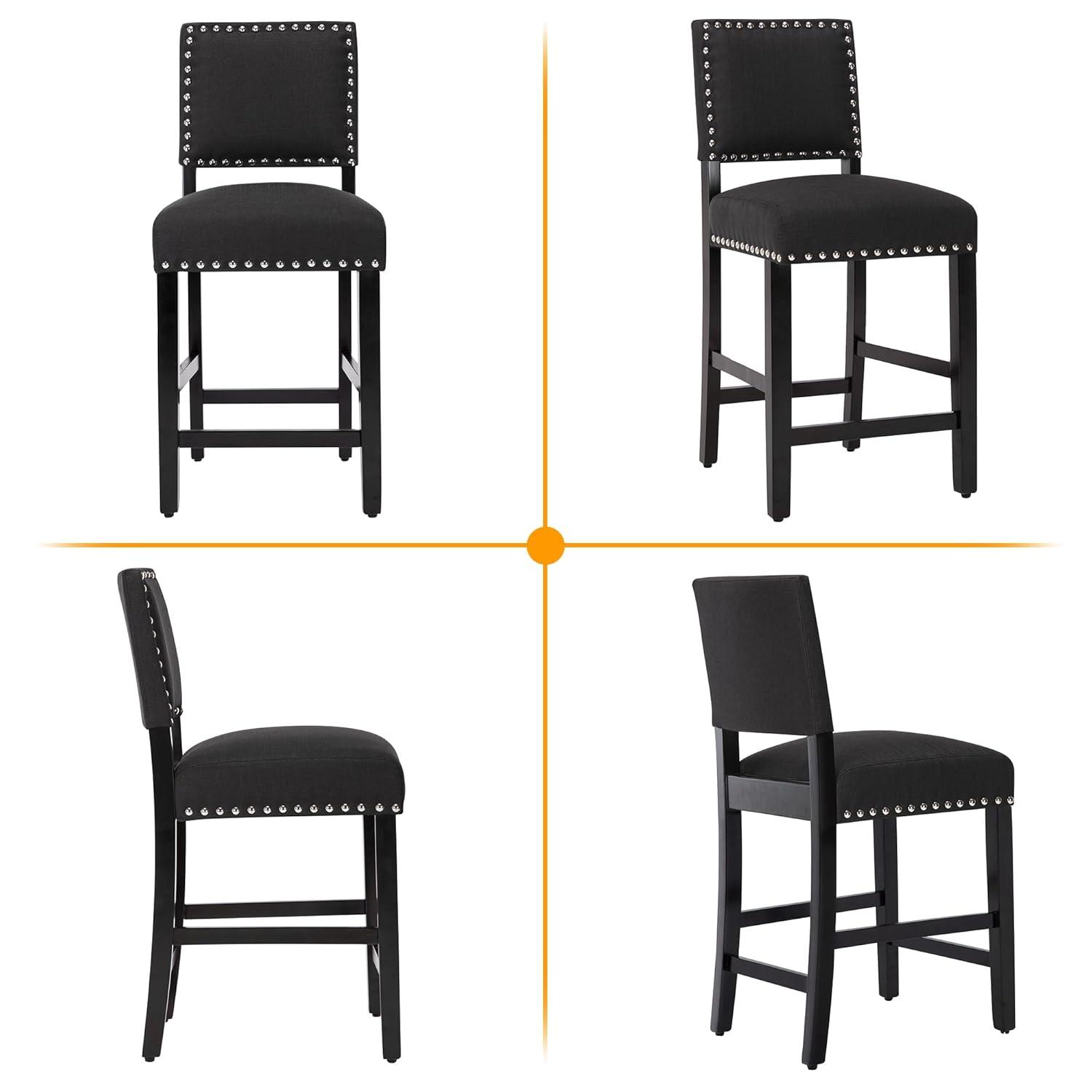 LSSBOUGHT Counter Height Barstools Linen Fabric Upholstered Counter Stool with Rubber Wood Legs Nailed Trim Bar Chair for Kitchen Island (Black, 2Pcs 24" Seat Height)