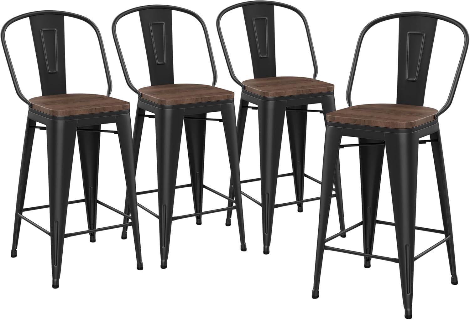 Alunaune 26" Swivel Metal Bar Stools Set of 4 High Back Counter Height Barstools Industrial Dining Bar Chairs with Large Wooden Seat-Matte Black