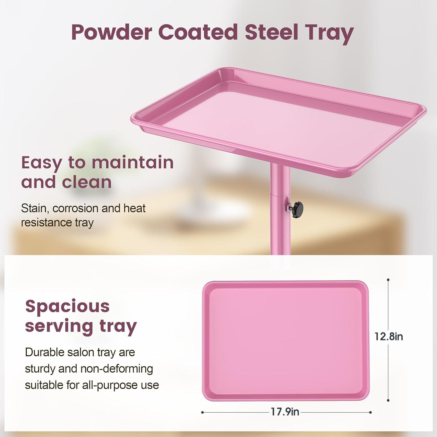 Salon Tray,Height Adjustable Salon Service Rolling Cart,Hair Color Tray with Wheels,Pink