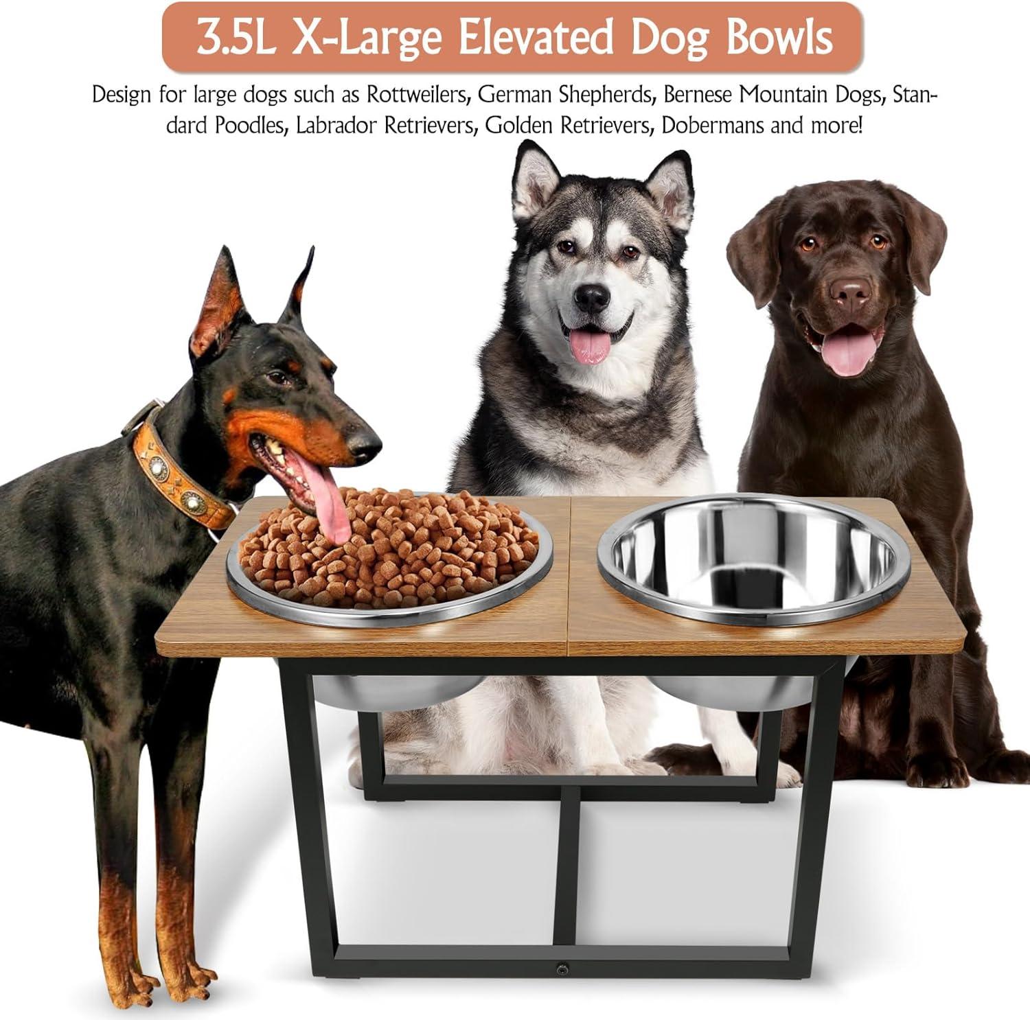 Elevated Dog Bowls for Large Dogs, Raised Dog Bowl Stand with Two X-Large Stainless Steel Dog Bowls for Extra Large Dogs, 3.5L Capacity, Rustic Brown