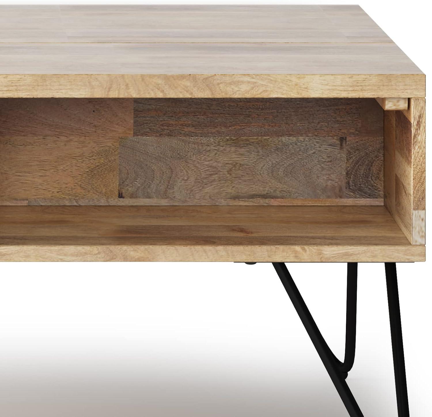 Hunter Solid Wood Industrial Small Lift Top Coffee Table with Hidden Storage and Metal Hairpin Legs.