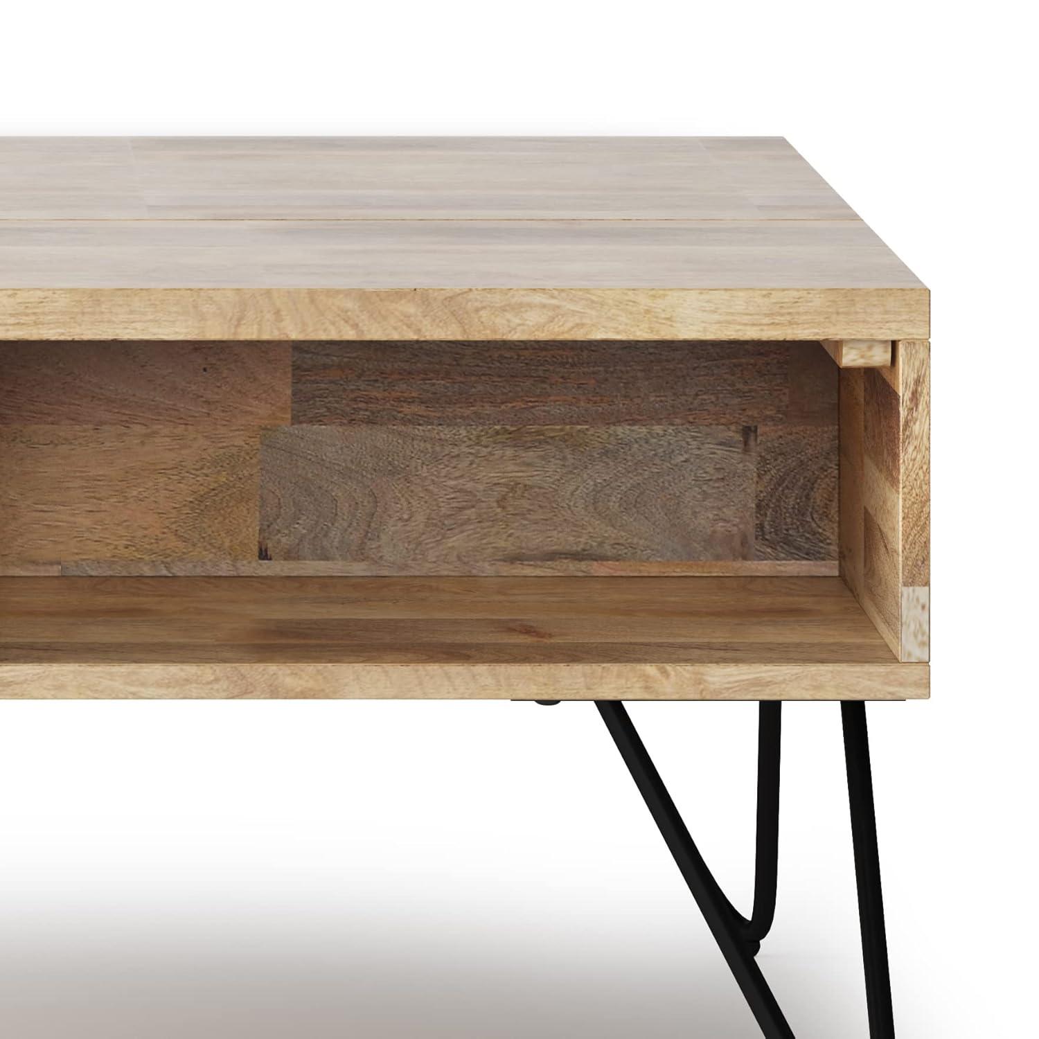 Hunter Solid Wood Industrial Small Lift Top Coffee Table with Hidden Storage and Metal Hairpin Legs.