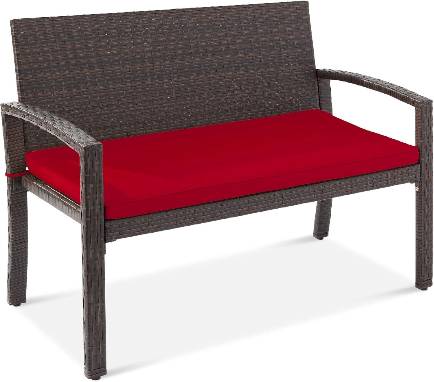 Cozy Haven 2-Person Brown Wicker Outdoor Bench with Red Cushion