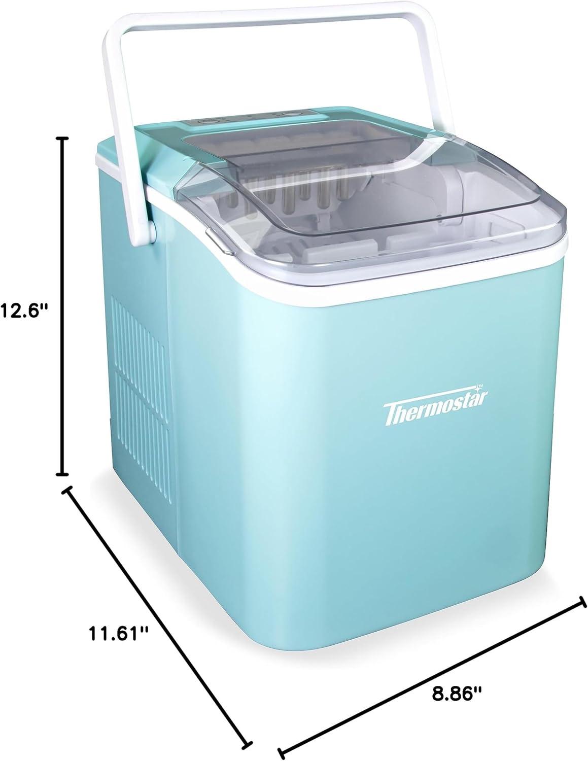 Thermostar TSICEBHNSC26AQ 26-Pound Automatic Self-Cleaning Portable Countertop Ice Maker Machine With Handle, Aqua