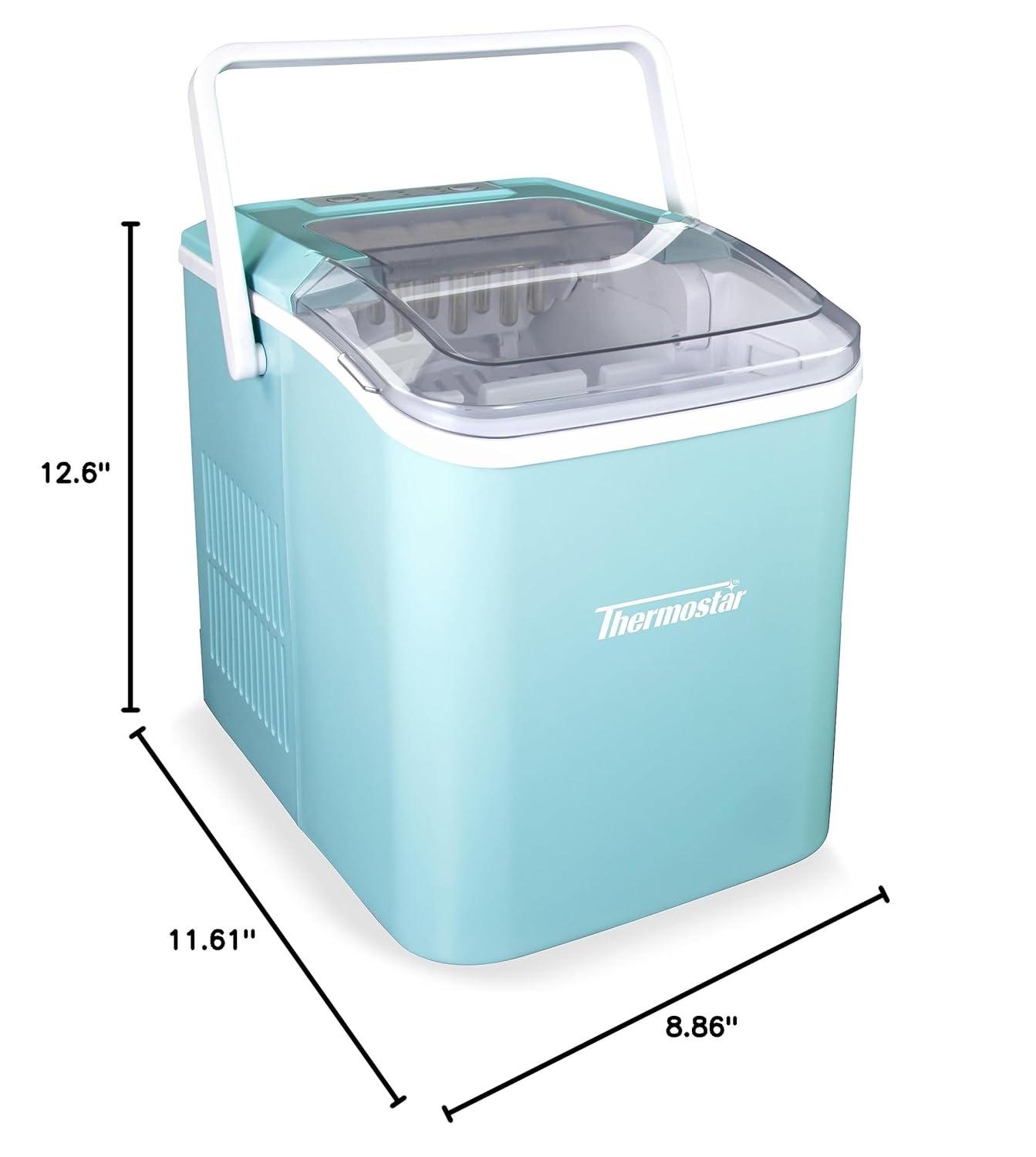 Thermostar TSICEBHNSC26AQ 26-Pound Automatic Self-Cleaning Portable Countertop Ice Maker Machine With Handle, Aqua