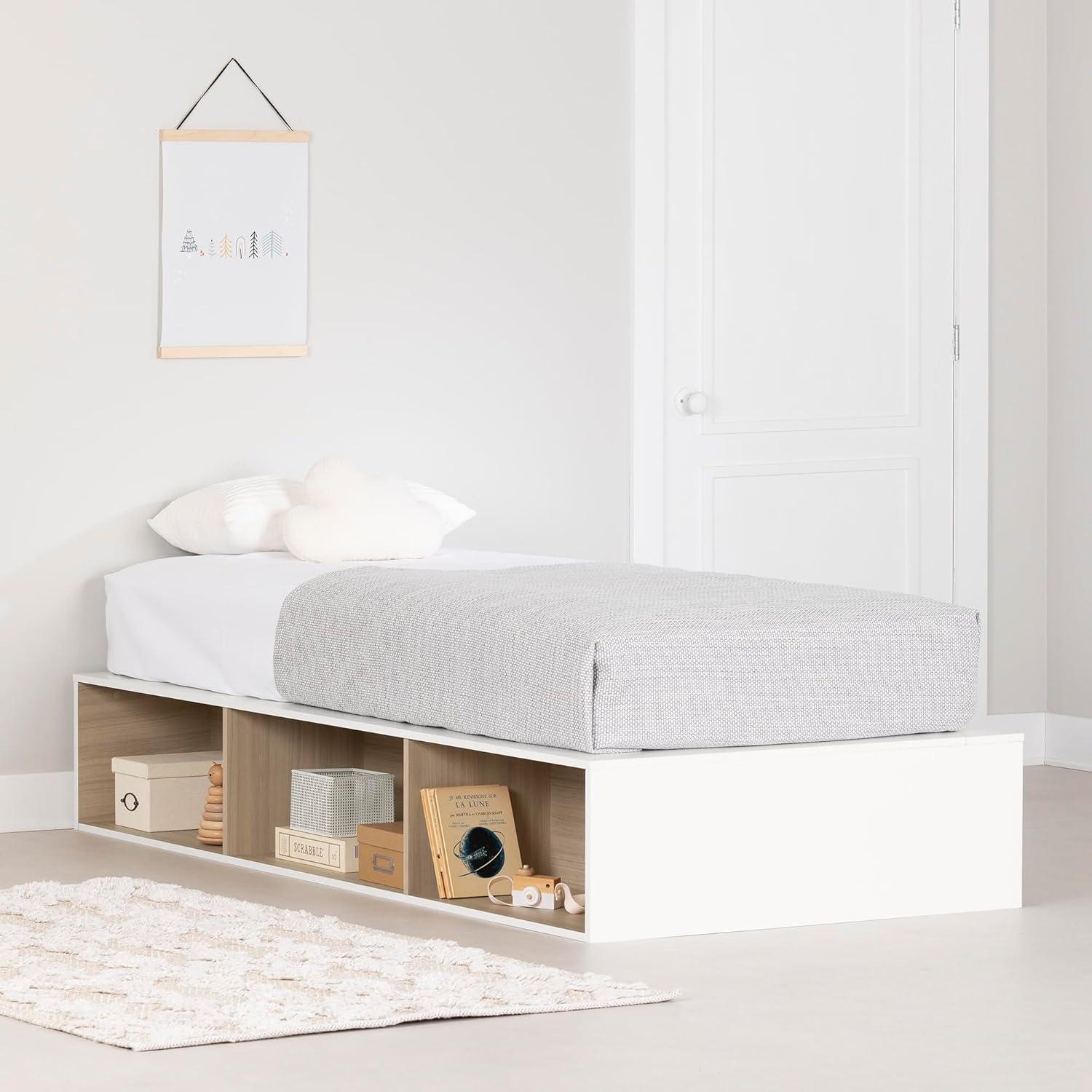 South Shore Hourra, Contemporary Twin Platform Bed with Open Storage, Soft Elm and White