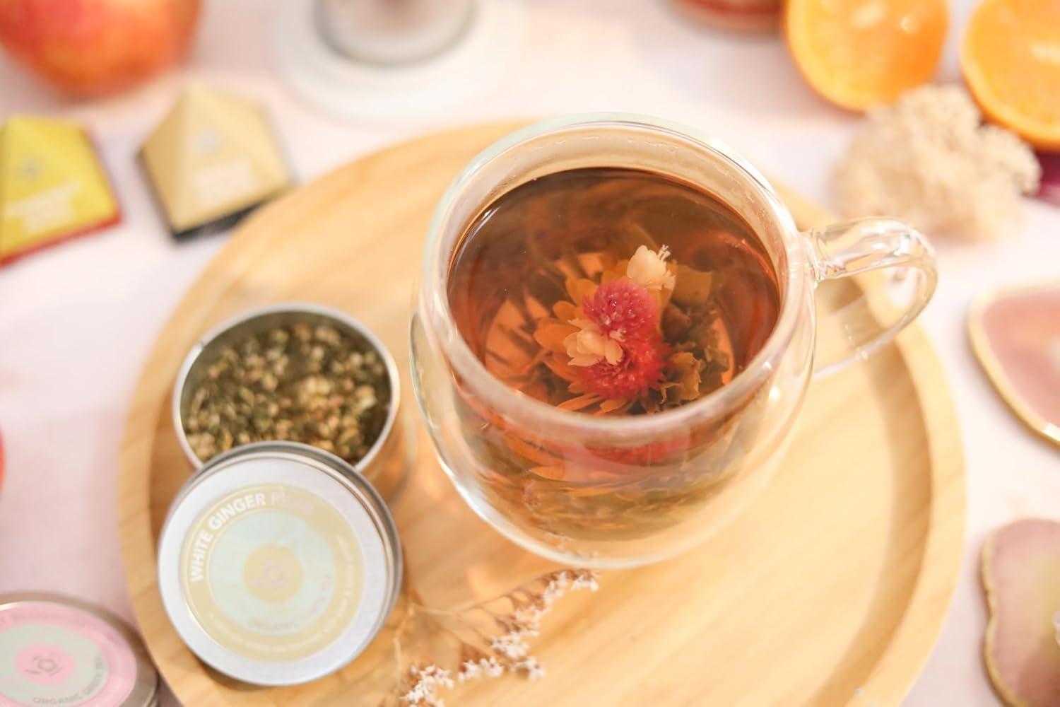 Teabloom Stay-Hot Heatproof Glass Mug with Loose Tea Infuser and Lid – 15 oz /430 mL – 2 Blooming Teas Included