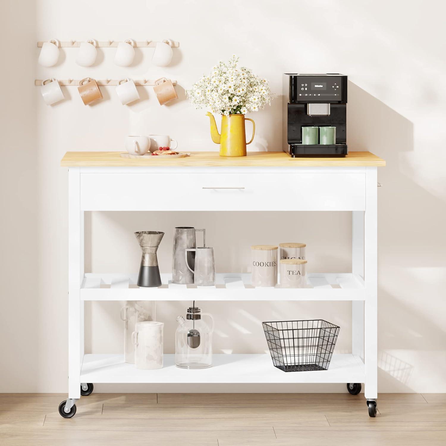 Sobaniilo Small Kitchen Island on Wheels with 3-Tier Side Spice Rack and Rubber Wood Top, Trolley Cart with Storage Cabinet & Drawer and Handle/Towel Rack, White