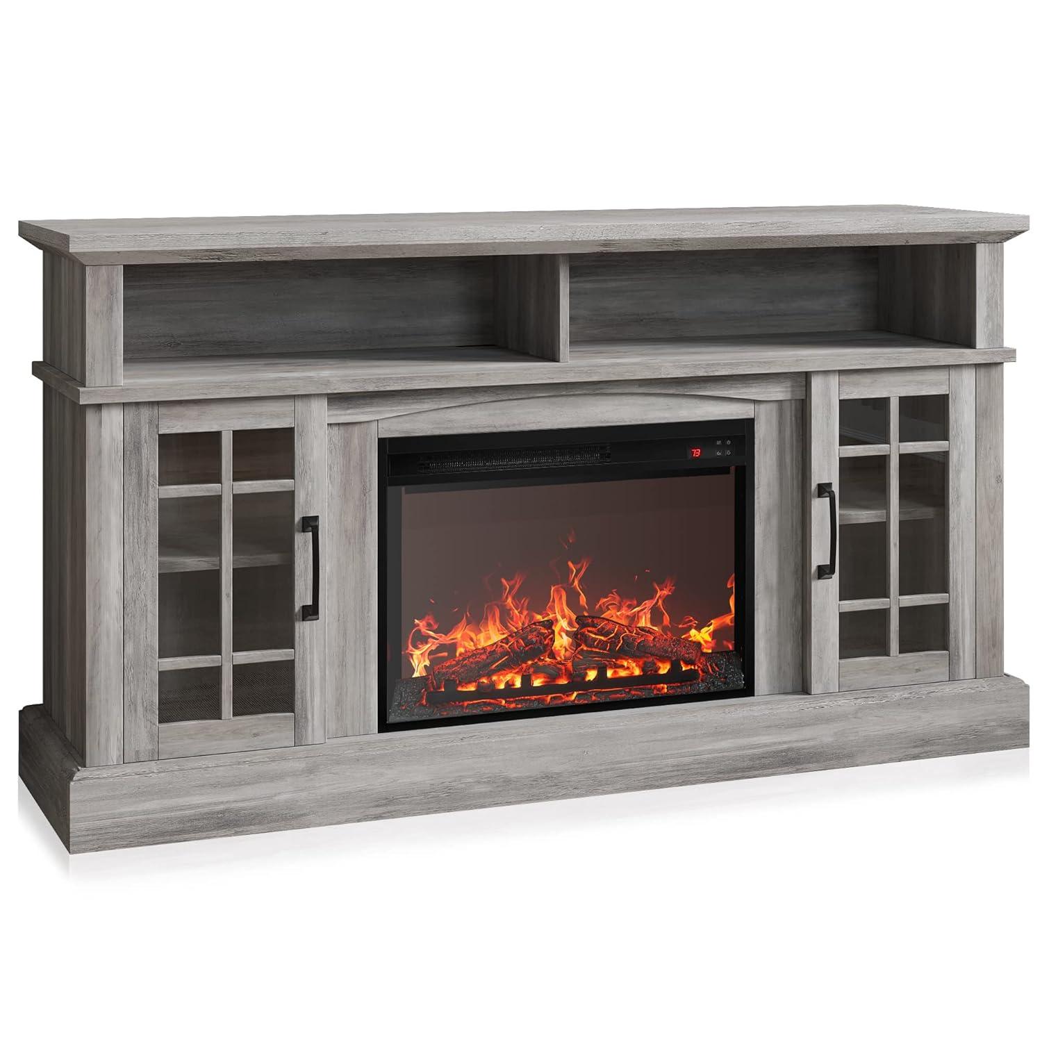 Gray Wash 58" TV Stand with Electric Fireplace and Cabinets