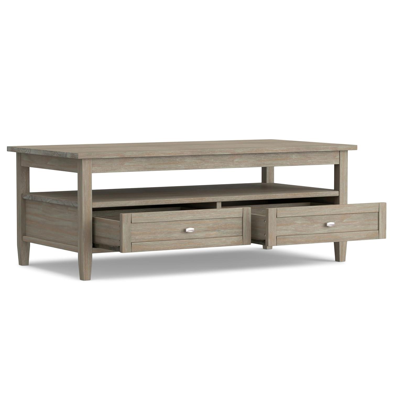 Simpli Home Warm Shaker 48"W Solid Wood Coffee Table with Two Storage Drawers and Open Shelf