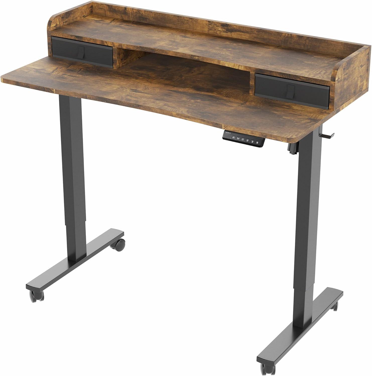 VIVO Rustic Vintage Brown/Black 2 Tier Electric 48" x 24" Mobile Sit Stand Desk