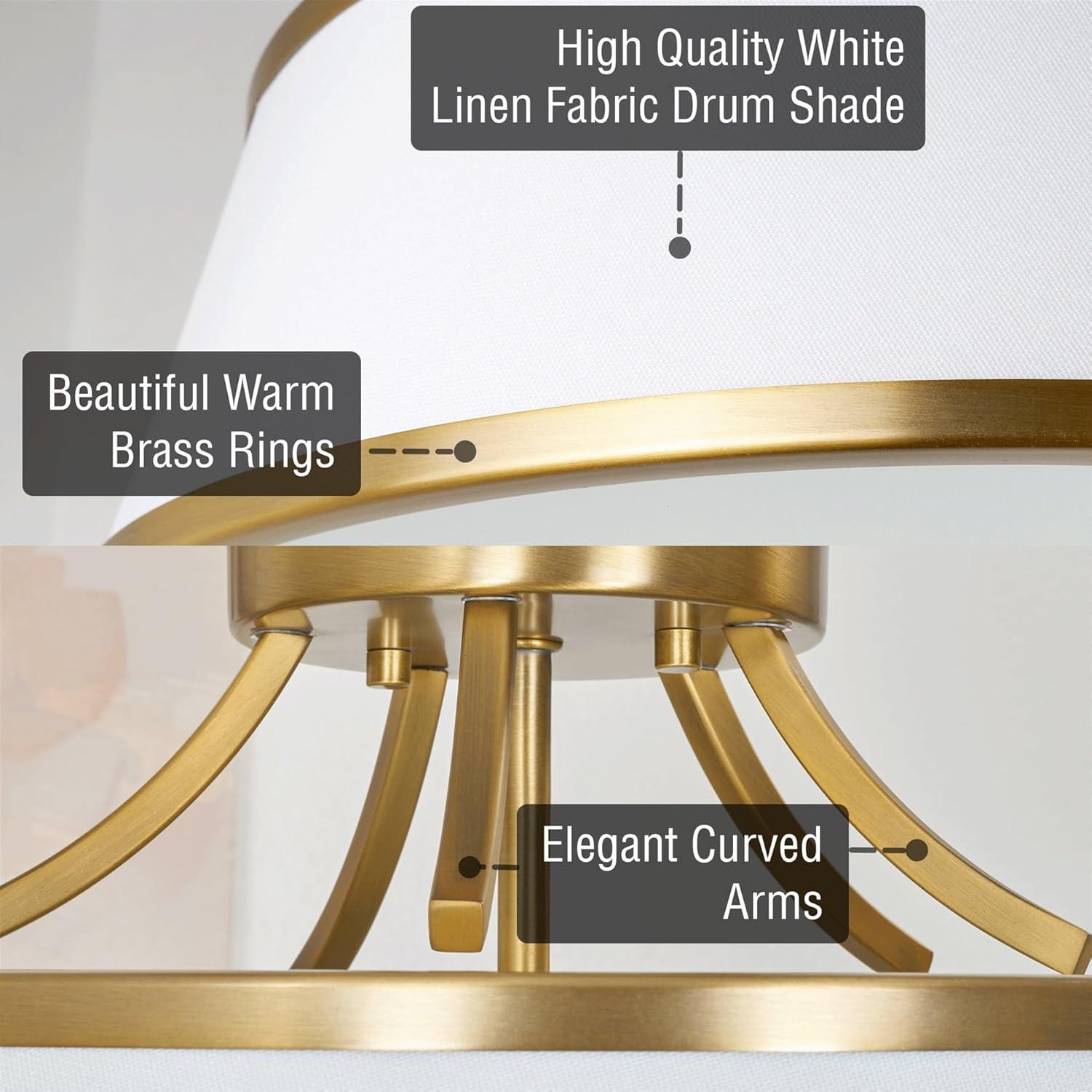 Kira Home Zoey 18" Modern 3-Light Semi-Flush Mount Ceiling Light Fixture + White Fabric Shade, Warm Brass Finish