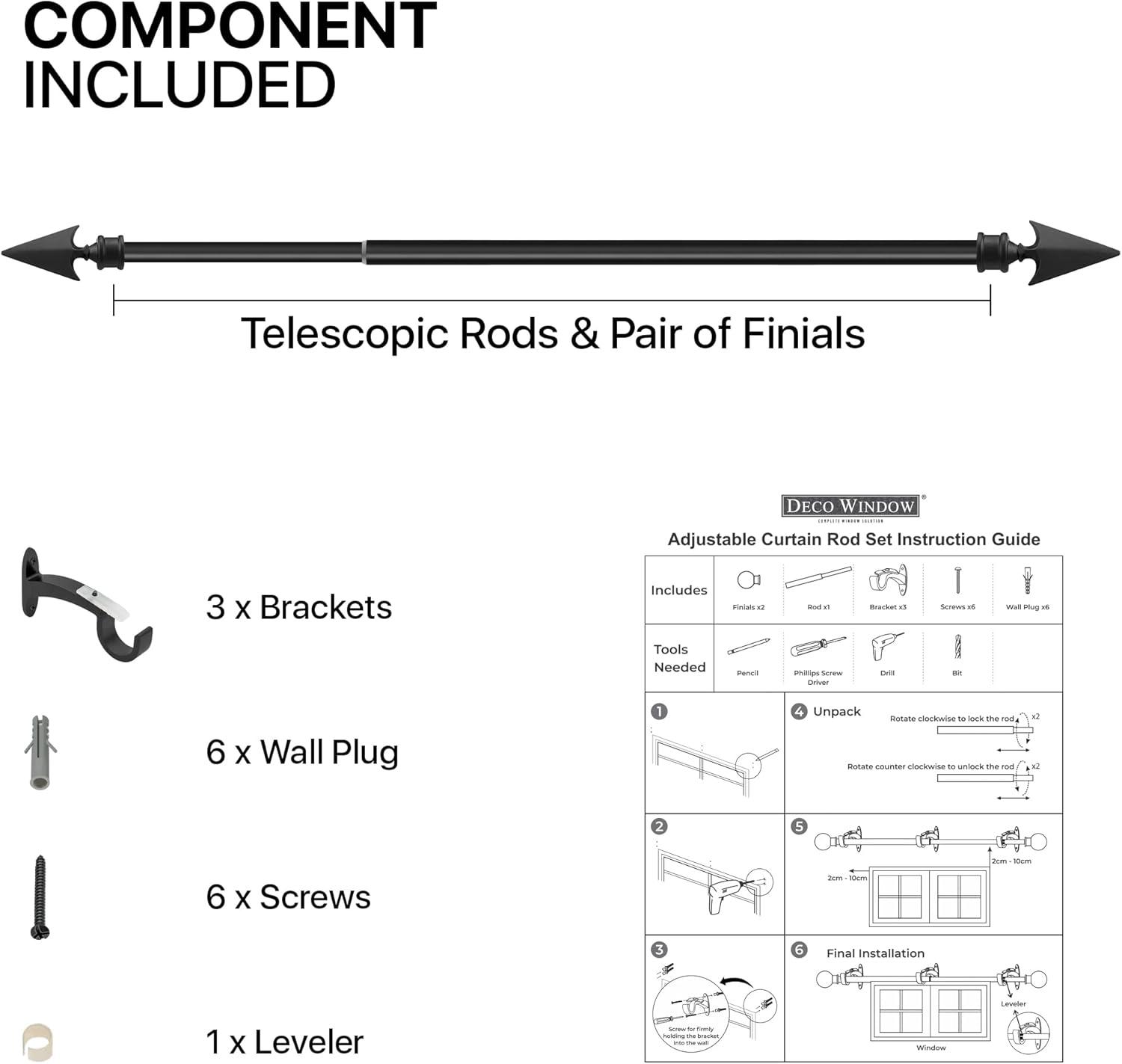 Deco Essential 36 to 66 Inches Adjustable Curtain Rod for Windows with Flat Arrow Finials & Bracket Set (3/4'' Diameter,Black)